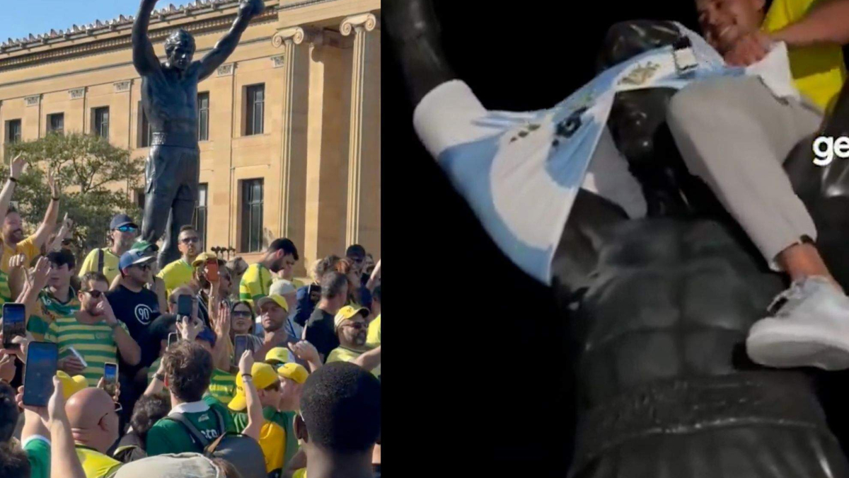 Hinchas de Brasil intentan maldecir a Argentina vistiendo la estatua de Rocky Balboa con los colores de la Albiceleste