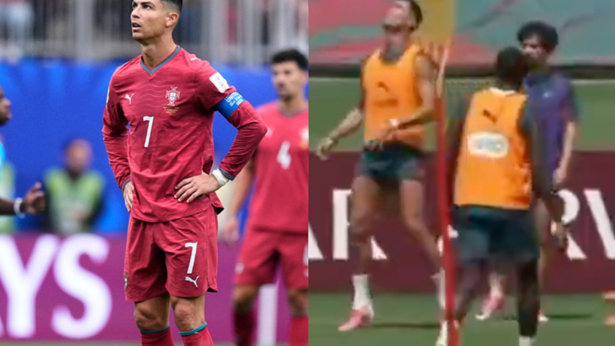 Cristiano Ronaldo faz um passe sem olhar ridículo para Bruno Fernandes durante uma sessão de treino em Portugal