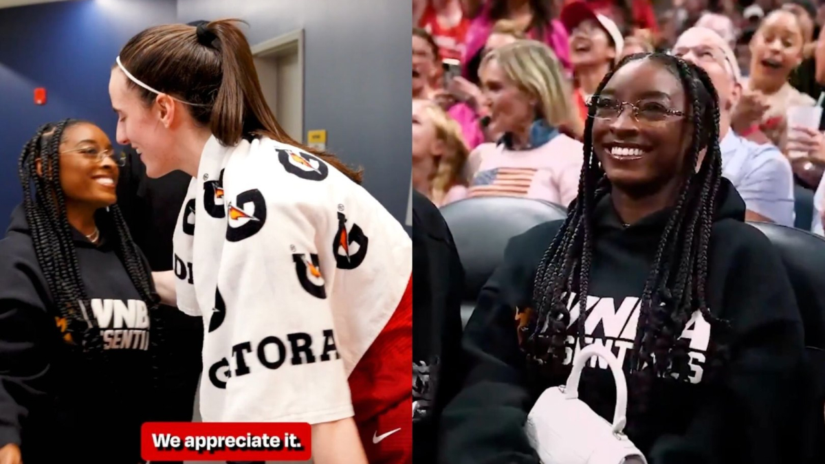 Simone Biles gets huge ovation at Fever game before sharing hugs with Caitlin Clark and Indiana stars