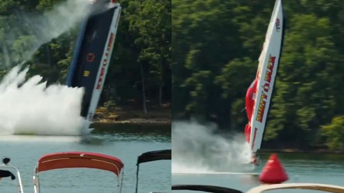 Boat going 213 mph crosses finish line and suddenly takes off into the air