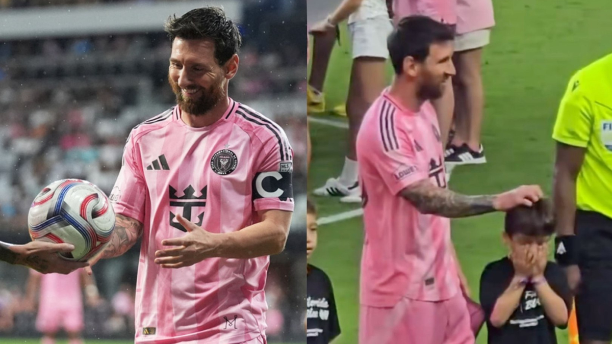 Messi’s young fan can’t hide his disbelief while walking onto the pitch with the GOAT