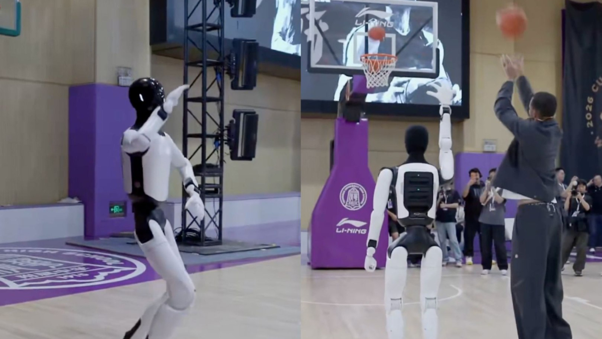A singing robot walks up to Steph Curry then starts making shots beside him