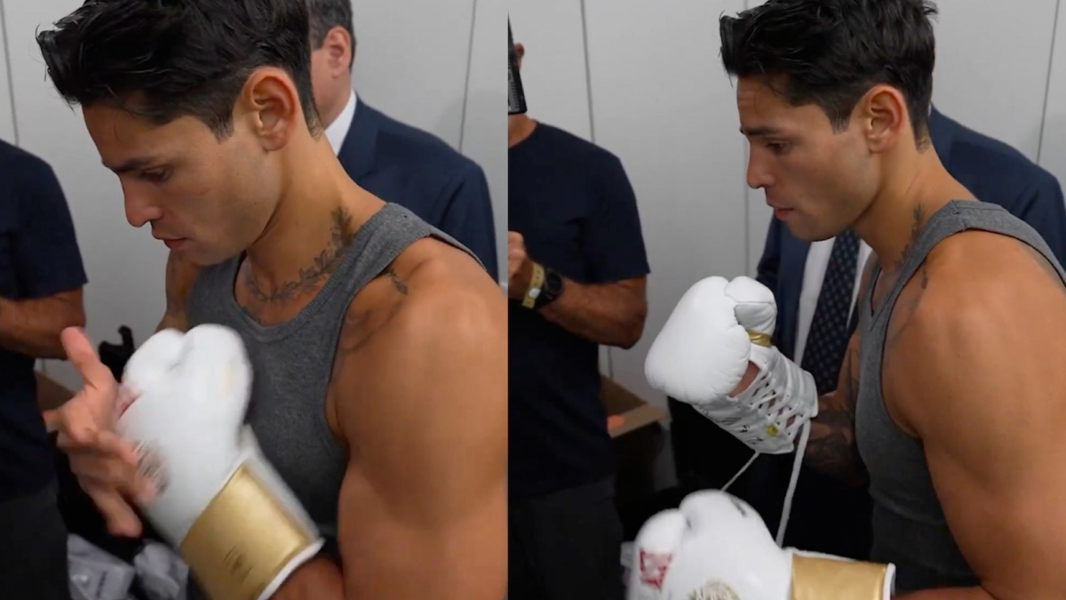 Ryan Garcia tests his fight-night gloves and lets his hands go before Conor Benn showdown