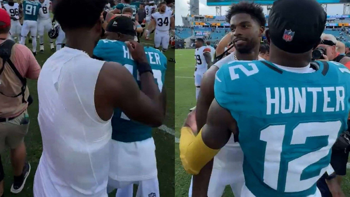 Travis Hunter comes face-to-face with Shedeur Sanders after the Jaguars destroyed the Browns