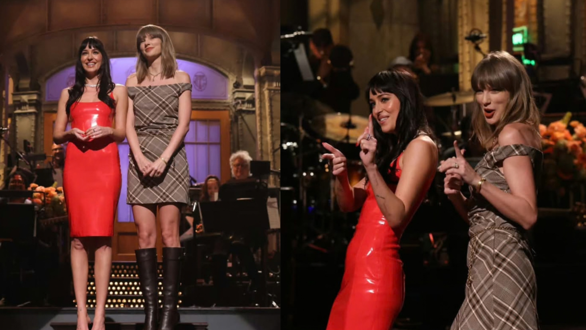 Taylor Swift surprises on “SNL” and a joke by Dakota Johnson ends up pointing to Travis Kelce