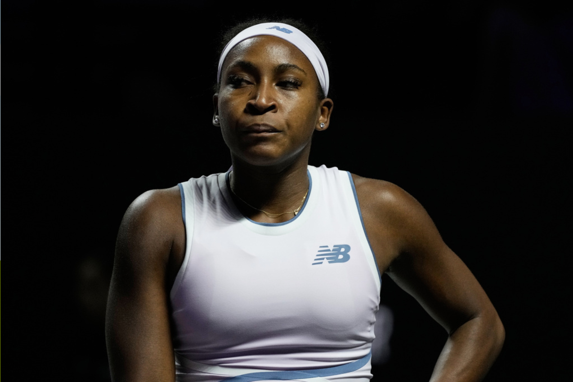 Coco Gauff of the United States reacts during the women's singles match against Aryna Sabalenka