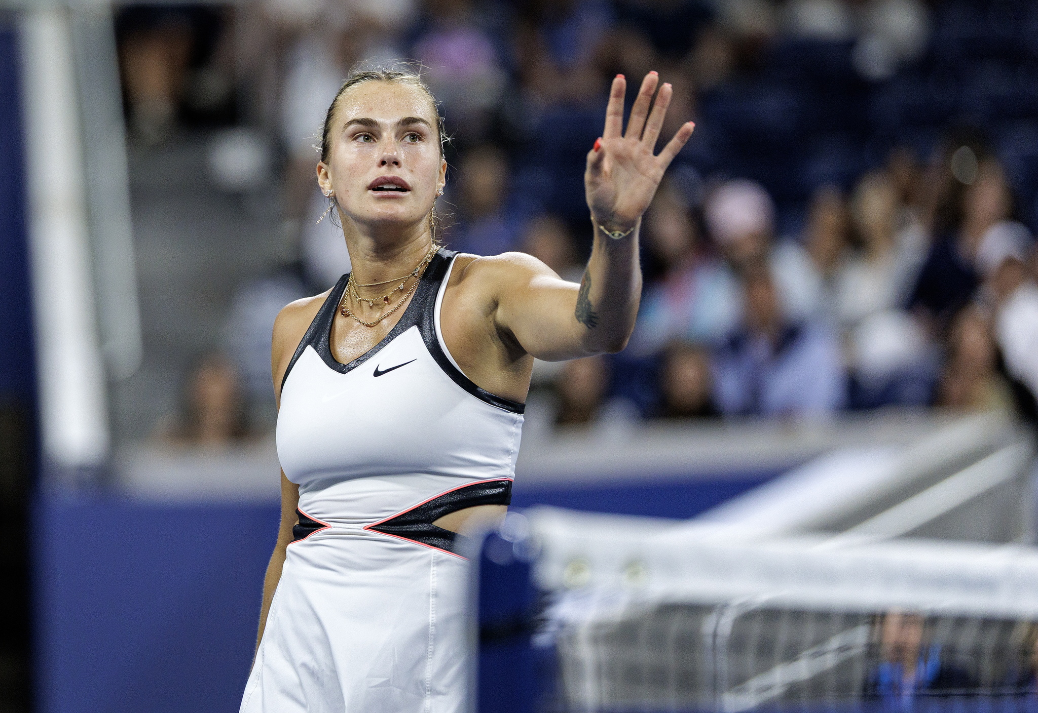 Aryna Sabalenka gestures during her match against Cristina Bucsa of Spain during the fourth round of the US Open Tennis Championships at the USTA Billie Jean King National Tennis Center in Flushing Meadows, New York, USA, 31 August 2025. The US Open tournament runs from 24 August through 07 September. (Tenis, España, Nueva York) EFE/EPA/CRISTOBAL HERRERA ULASHKEVICH