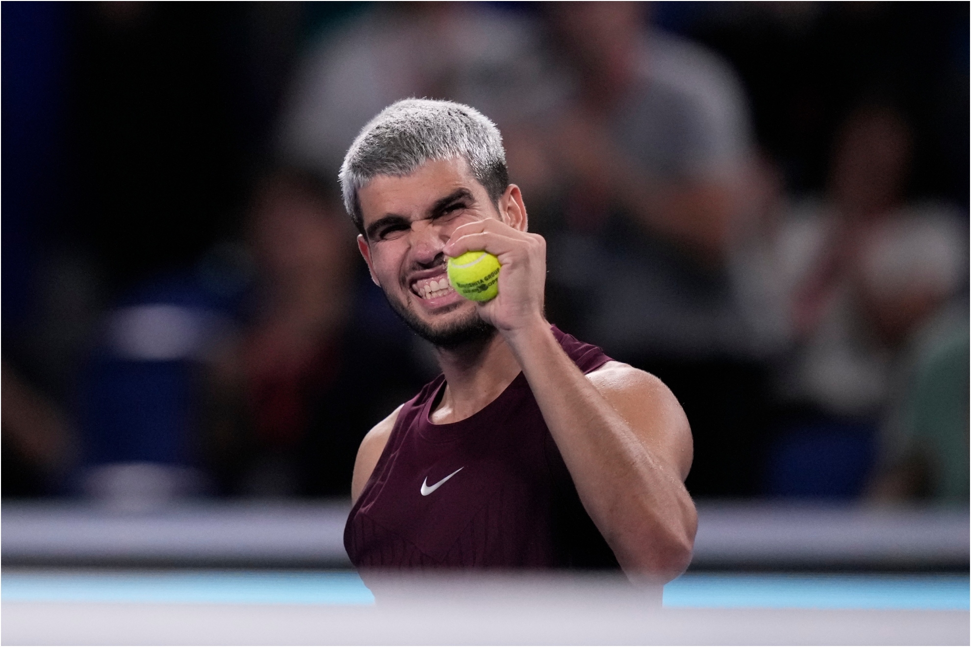 Spain's Carlos Alcaraz reacts after his win against Norway's Casper Ruud.