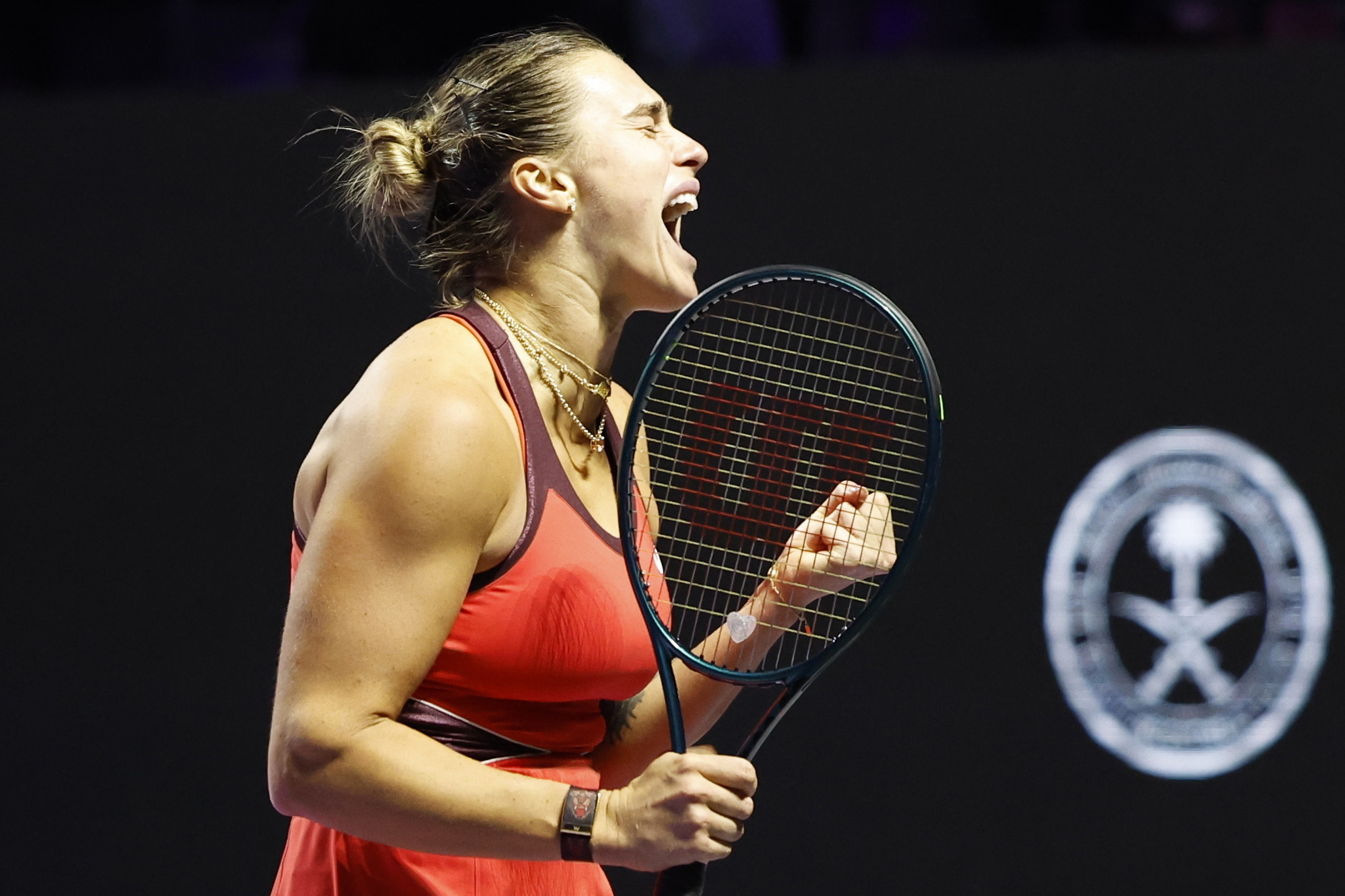 Aryna Sabalenka of Belarus reacts during the semifinals match against and Amanda Anisimova of the USA Team