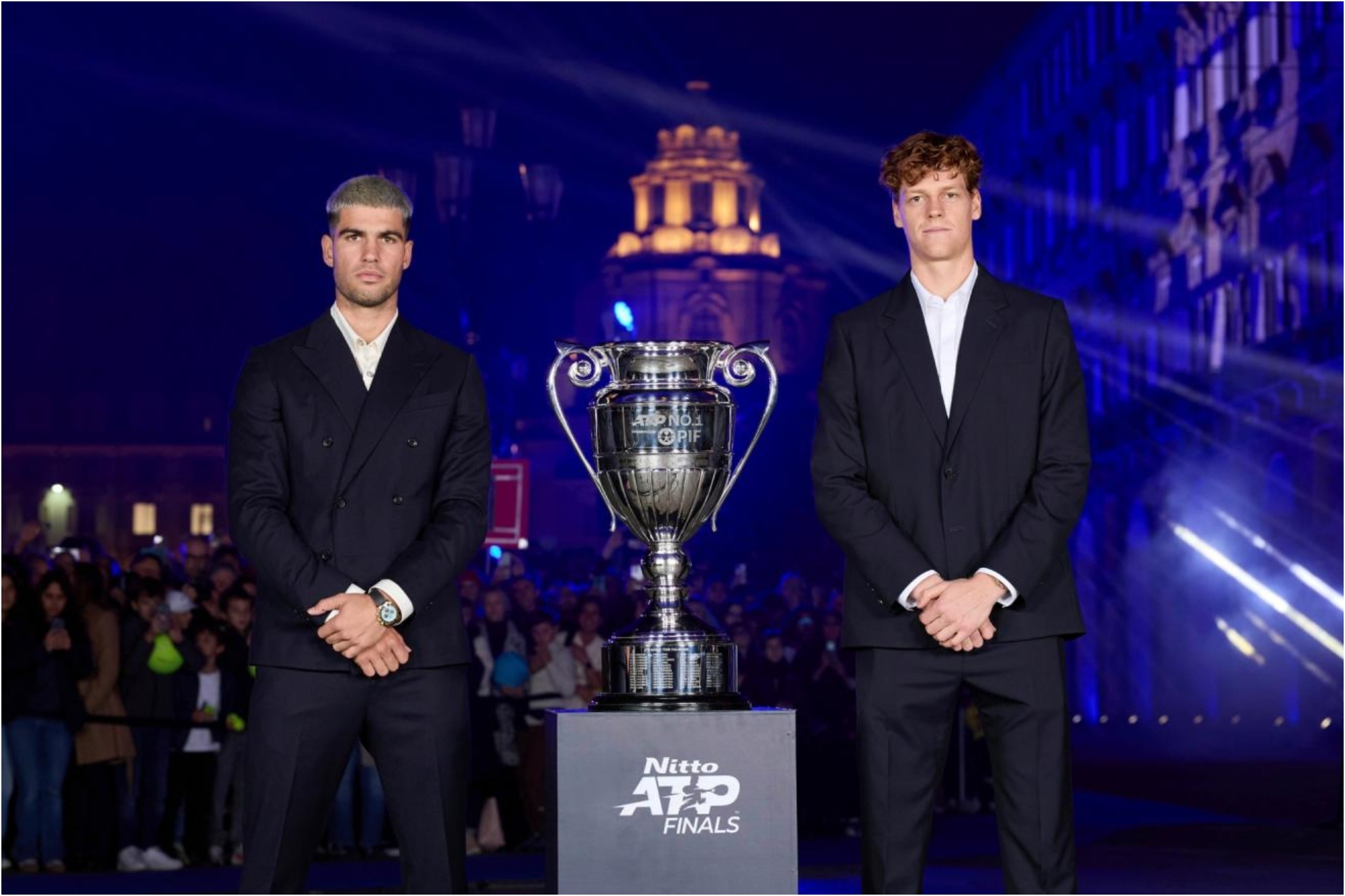 Alcaraz and Sinner pose with the No. 1 trophy.