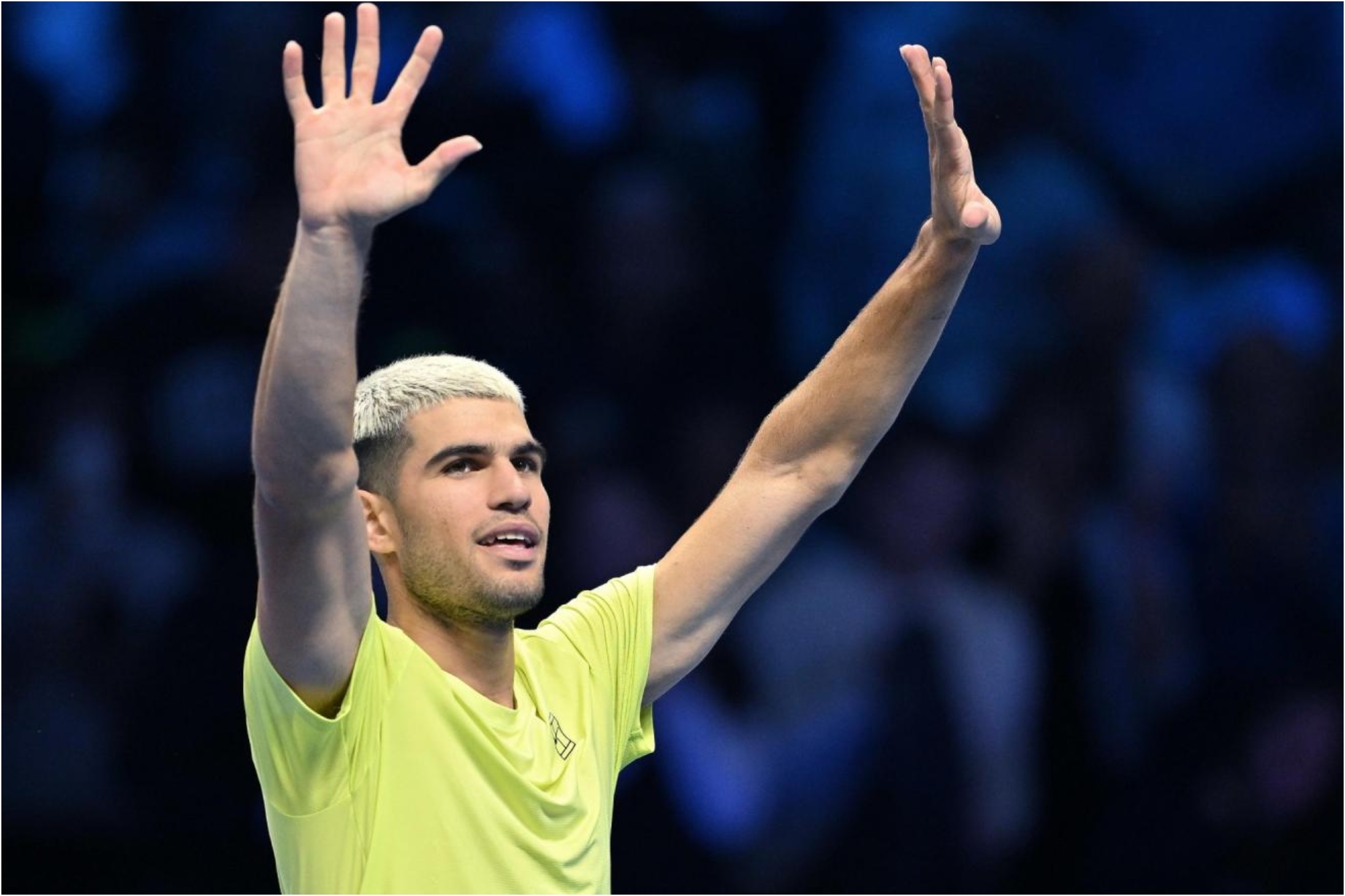 Alcaraz greets the crowd at the Inalpi Arena in Turin.