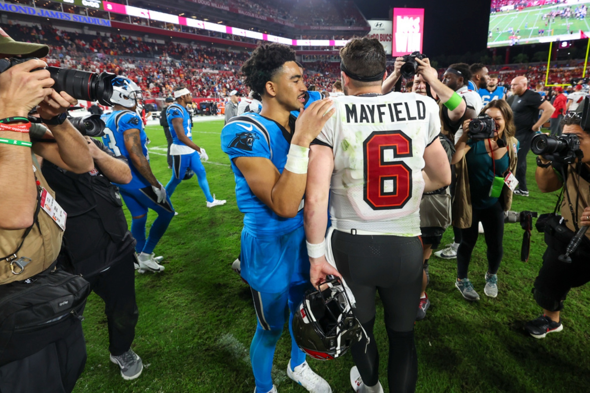 Buccaneers beat Panthers; NFC South playoff race comes down to Falcons vs. Saints.