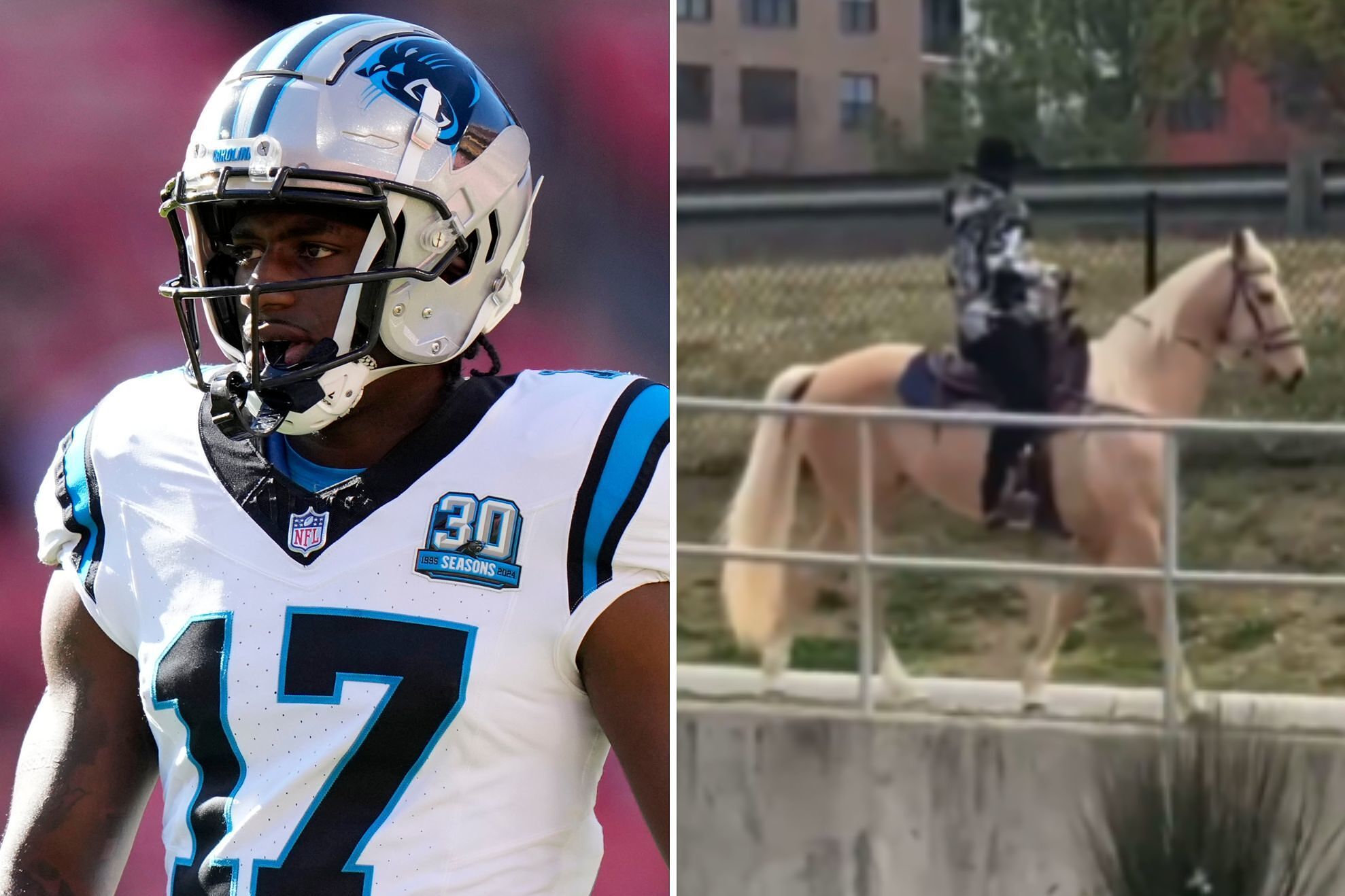 The fake video that went viral of Xavier Legette arriving on horseback for a Panthers game