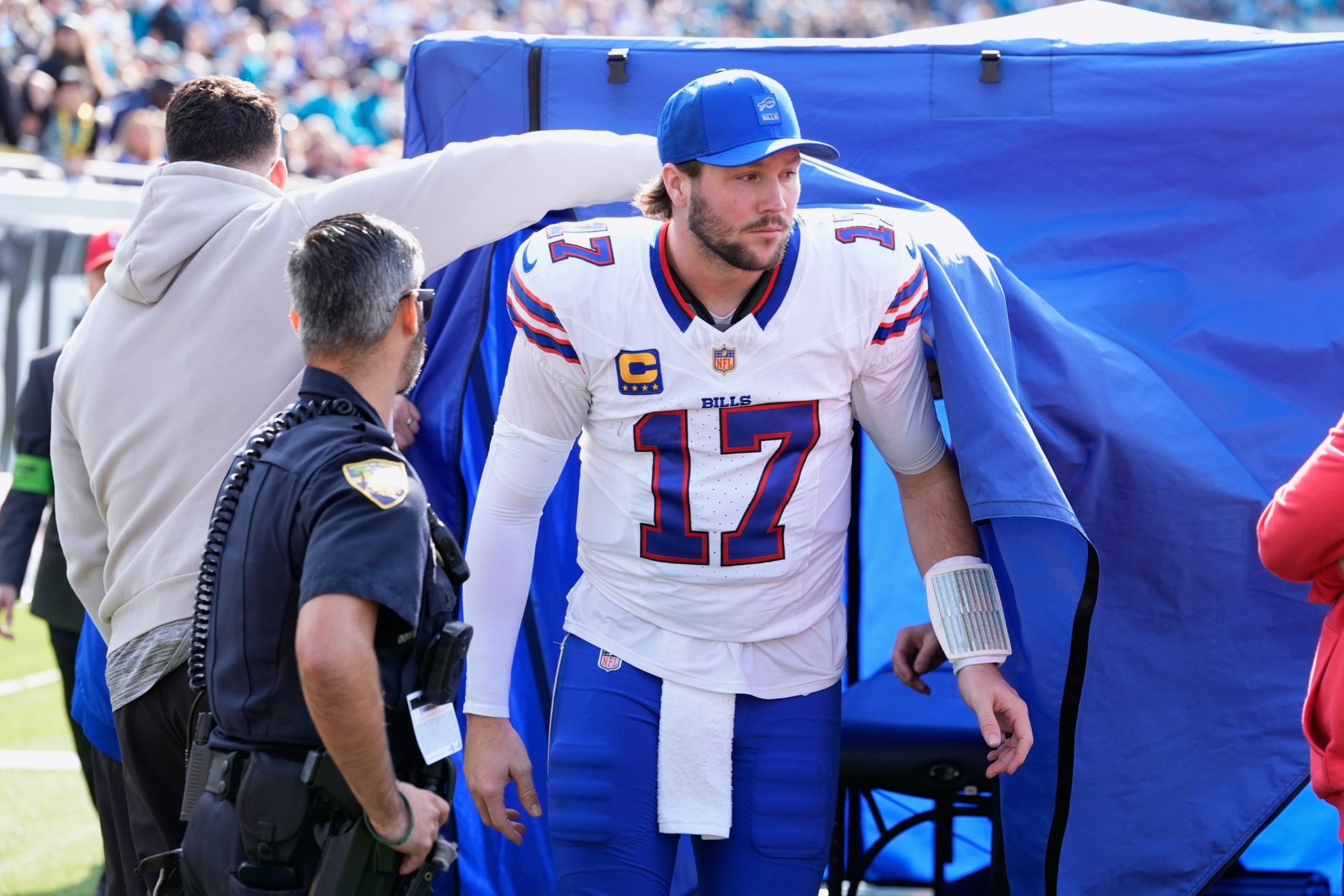 Josh Allen went to the medical tent several times during the game against the Jaguars.