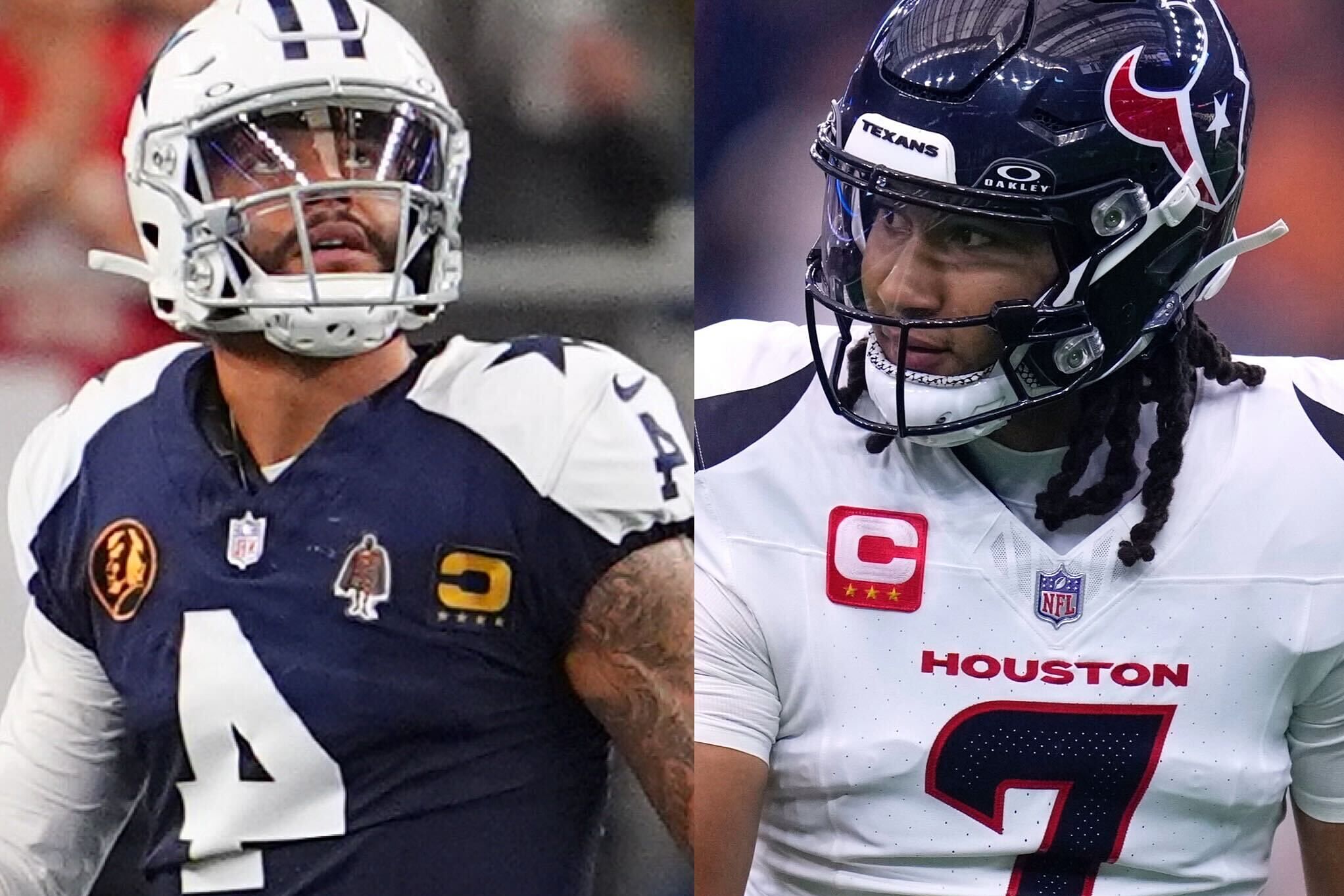 Dallas Cowboys quarterback Dak Prescott (left) walks off the field after throwing an interception, and Houston Texans quarterback C.J. Stroud celebrates after throwing a touchdown