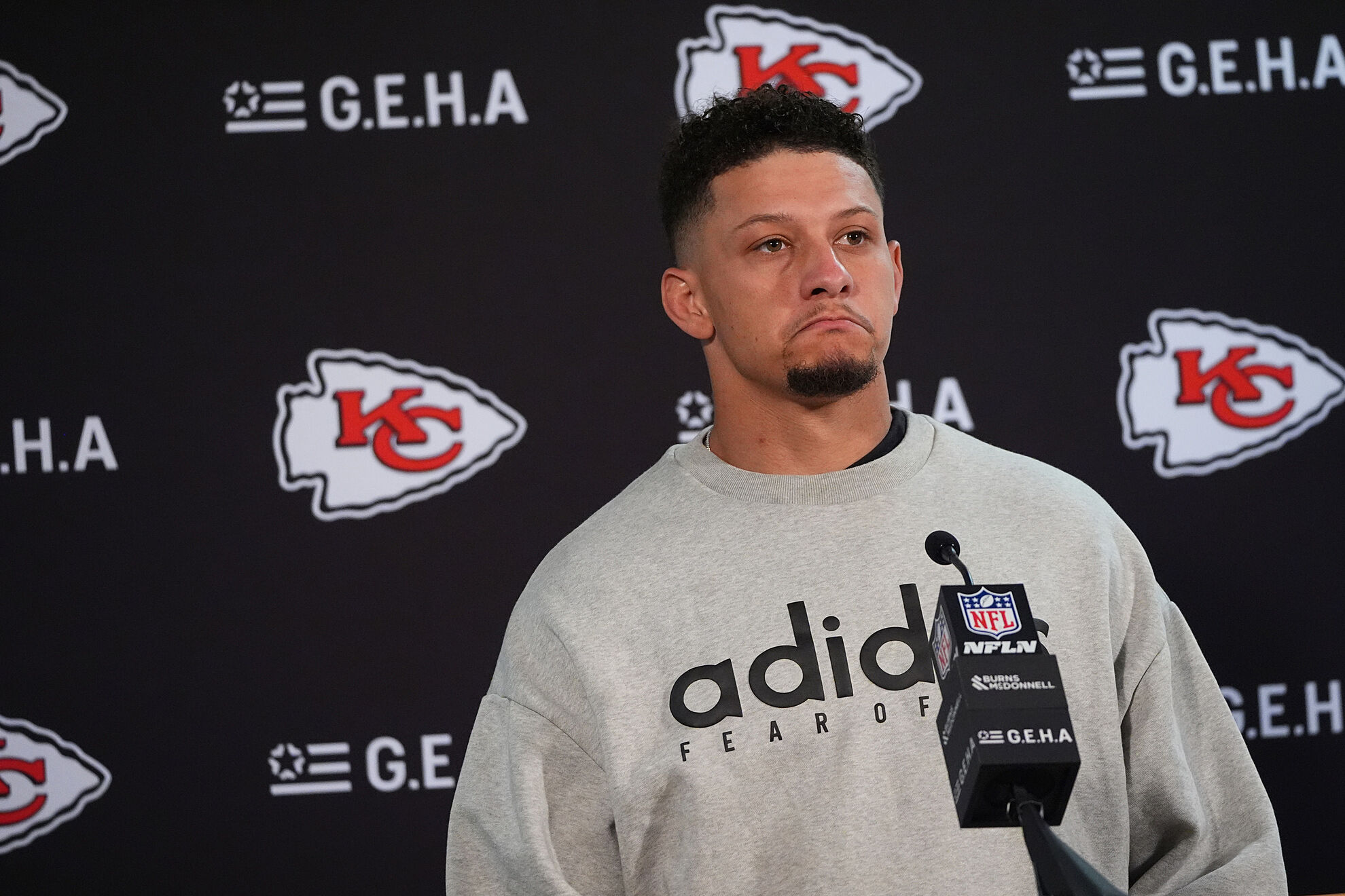 Kansas City Chiefs quarterback Patrick Mahomes during a news conference after an NFL football game against the Denver Broncos