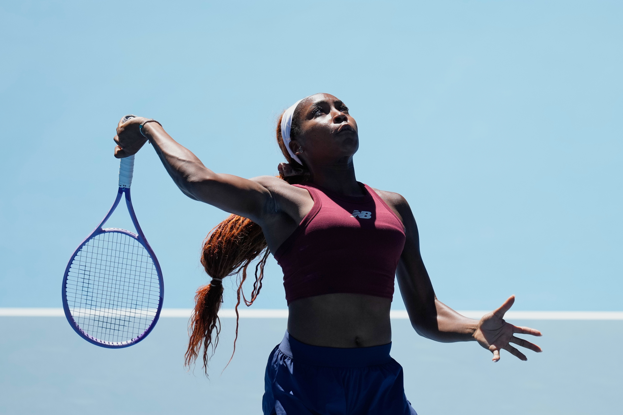 Coco Gauff of the United States plays a forehand return during a practice session ahead of the Australian Open tennis championship in Melbourne