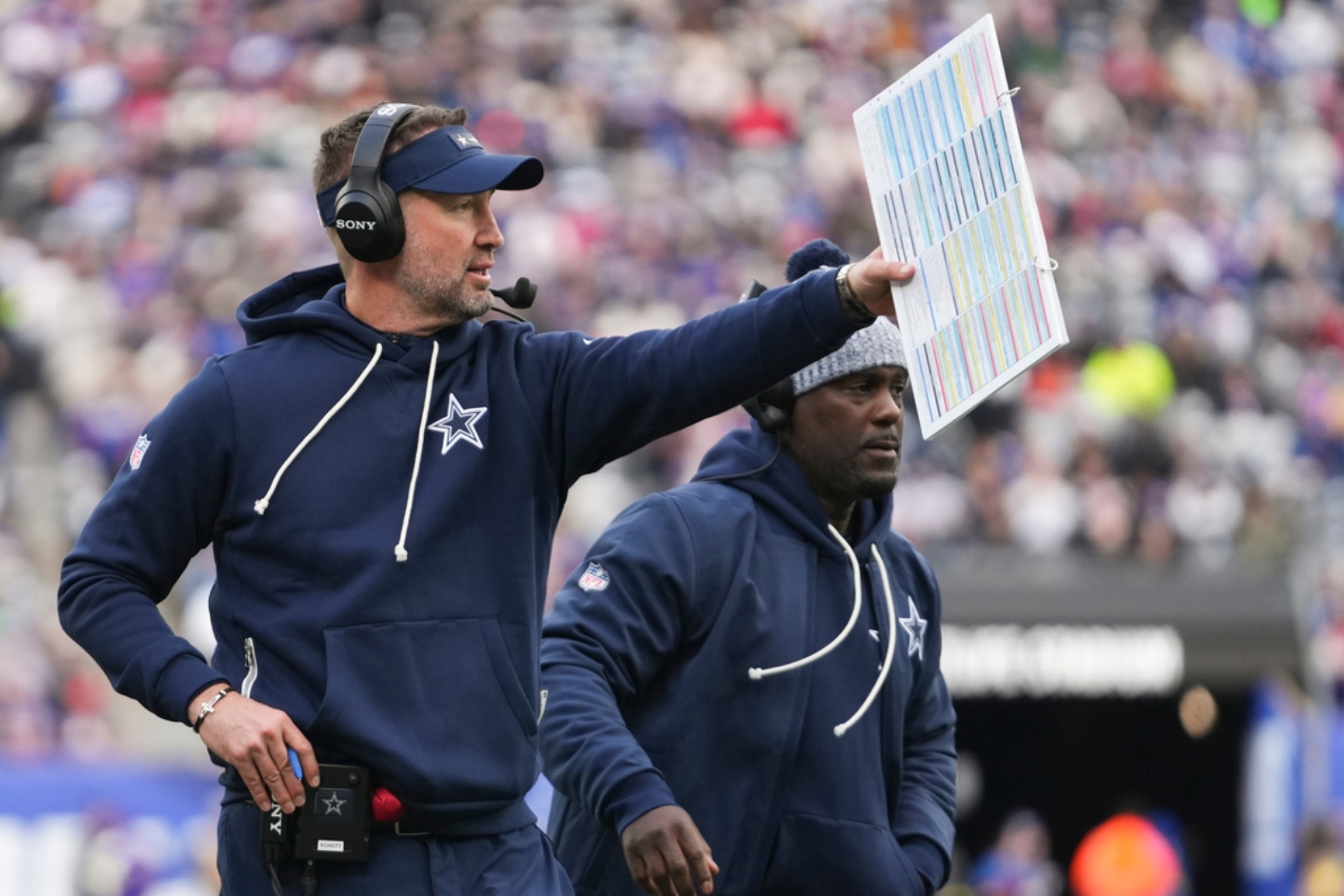 Dallas Cowboys head coach Brian Schottenheimer reacts.