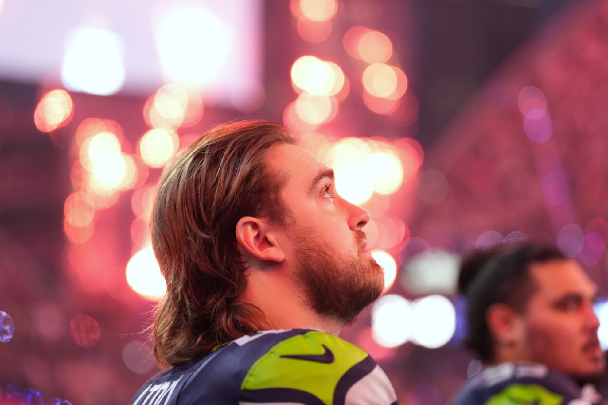 Seattle Seahawks long snapper Chris Stoll stands during the playing of the national anthem before an NFL football divisional playoff