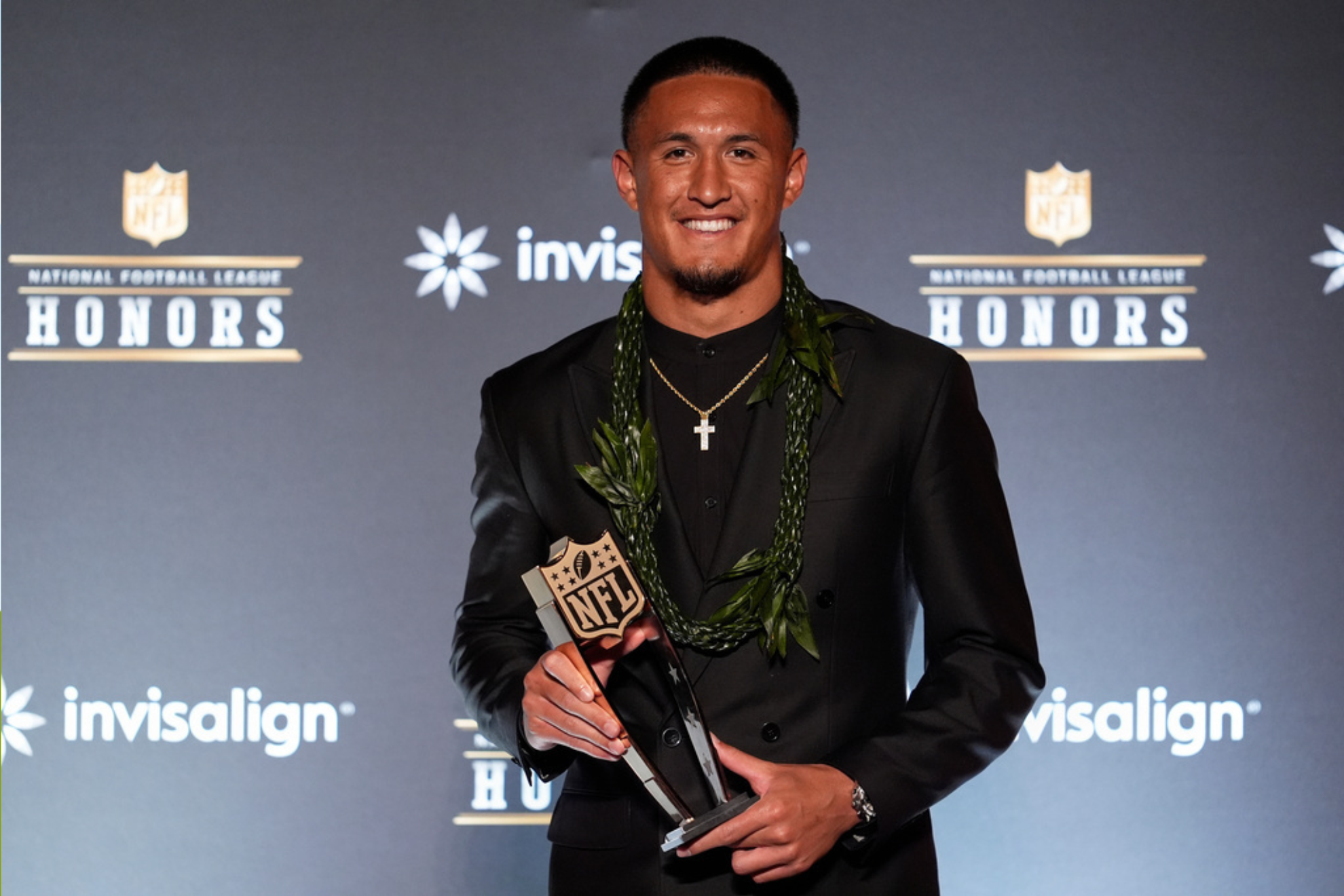 Carolina Panthers' Tetairoa McMillan smiles after winning AP Offensive Rookie of the Year award during football's NFL Honors