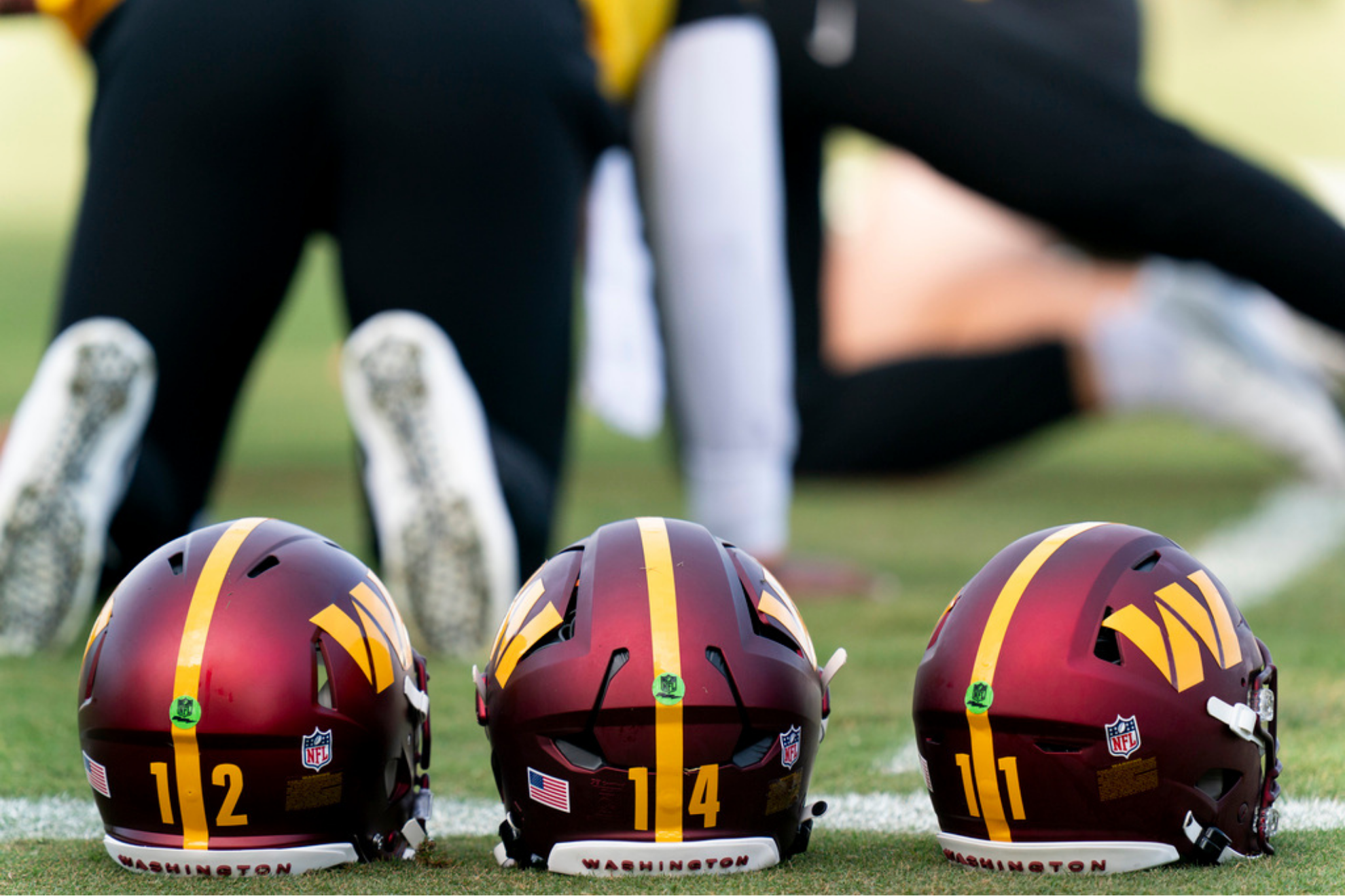 Helmets belonging to Washington Commanders quarterbacks