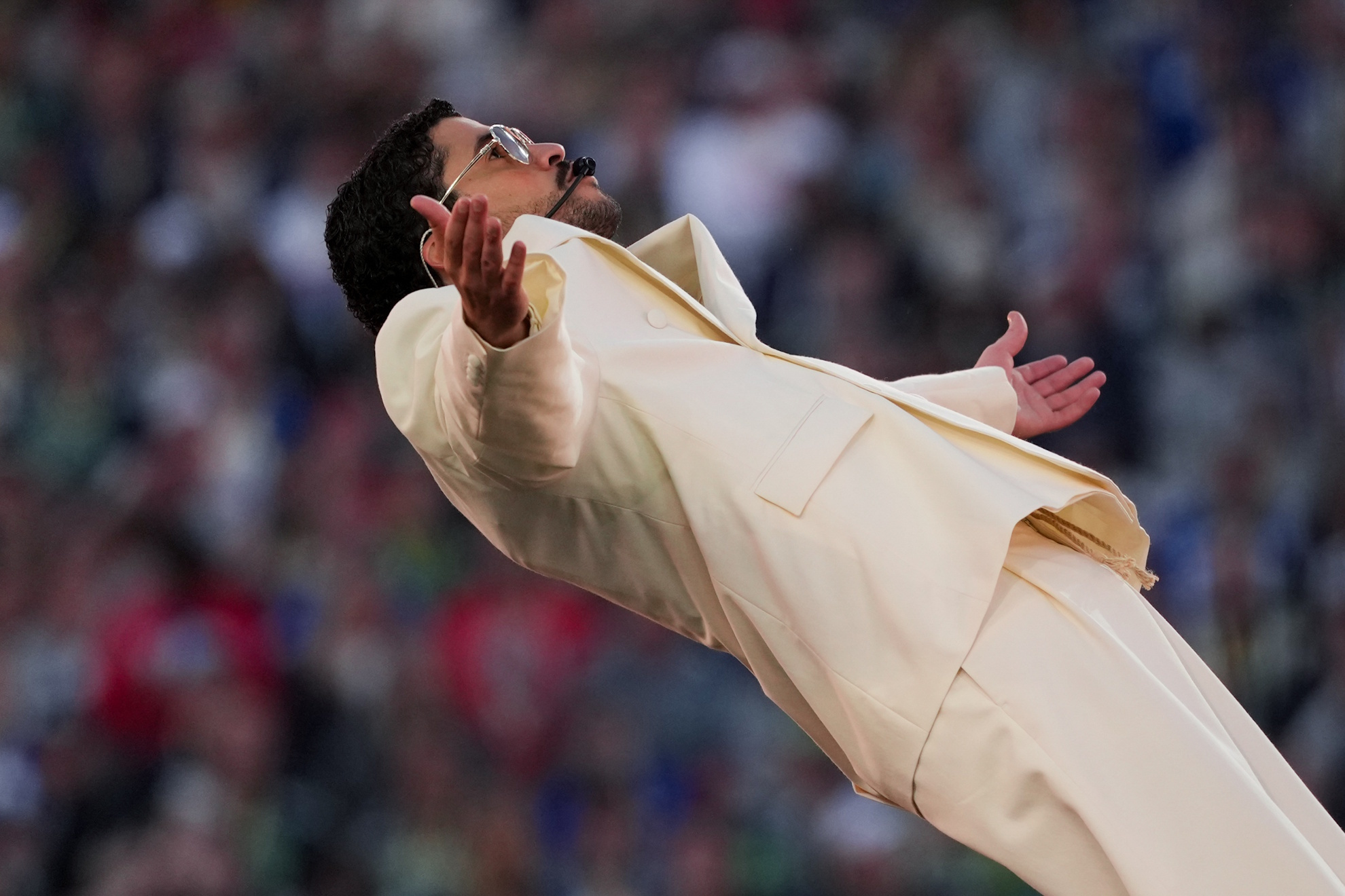 Bad Bunny performs during halftime of the NFL Super Bowl LX.