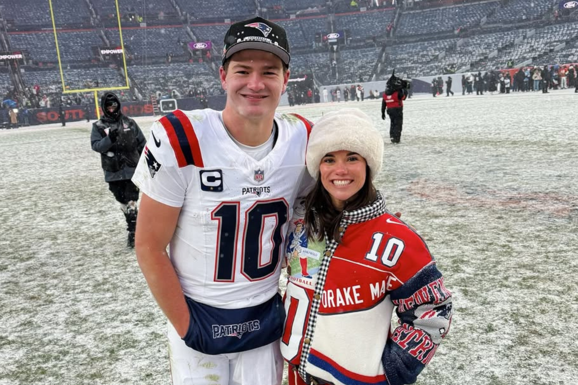 Ann Michael and Drake Maye put the Patriots' Super Bowl defeat behind them and cheer on Luke Maye in Japan