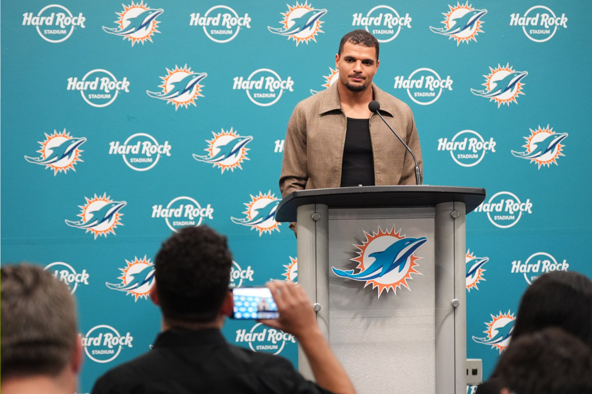 Miami Dolphins' Minkah Fitzpatrick responds to questions during a news conference