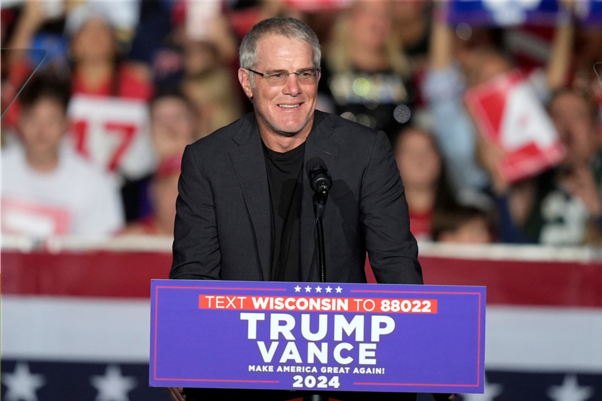 Former Green Bay Packers quarterback Brett Favre speaks before Republican presidential nominee former President Donald Trump