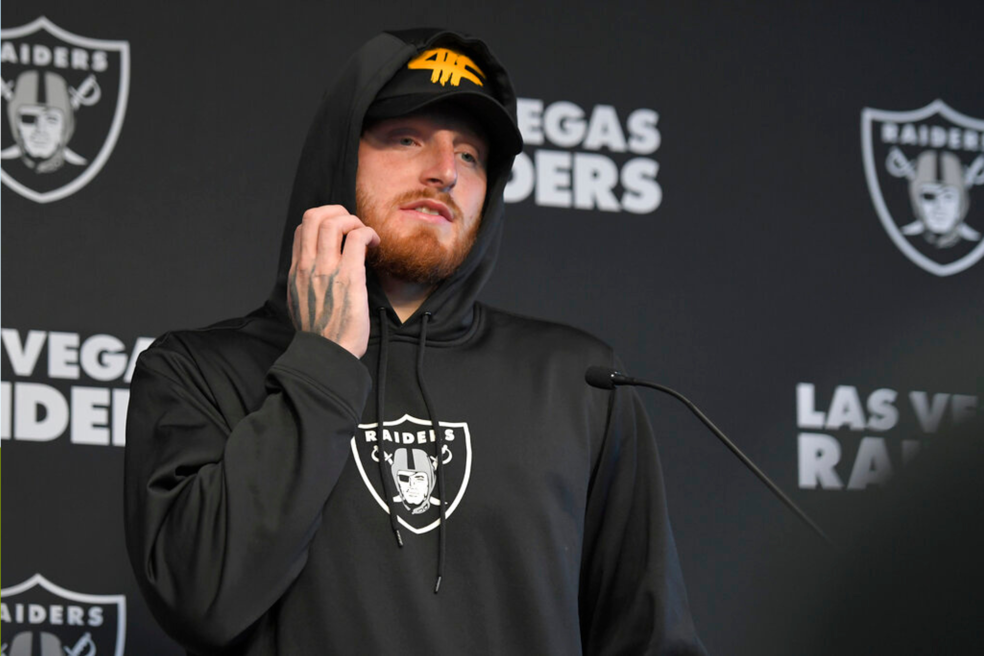 Las Vegas Raiders defensive end Max Crosby speaks during a press conference after NFL football