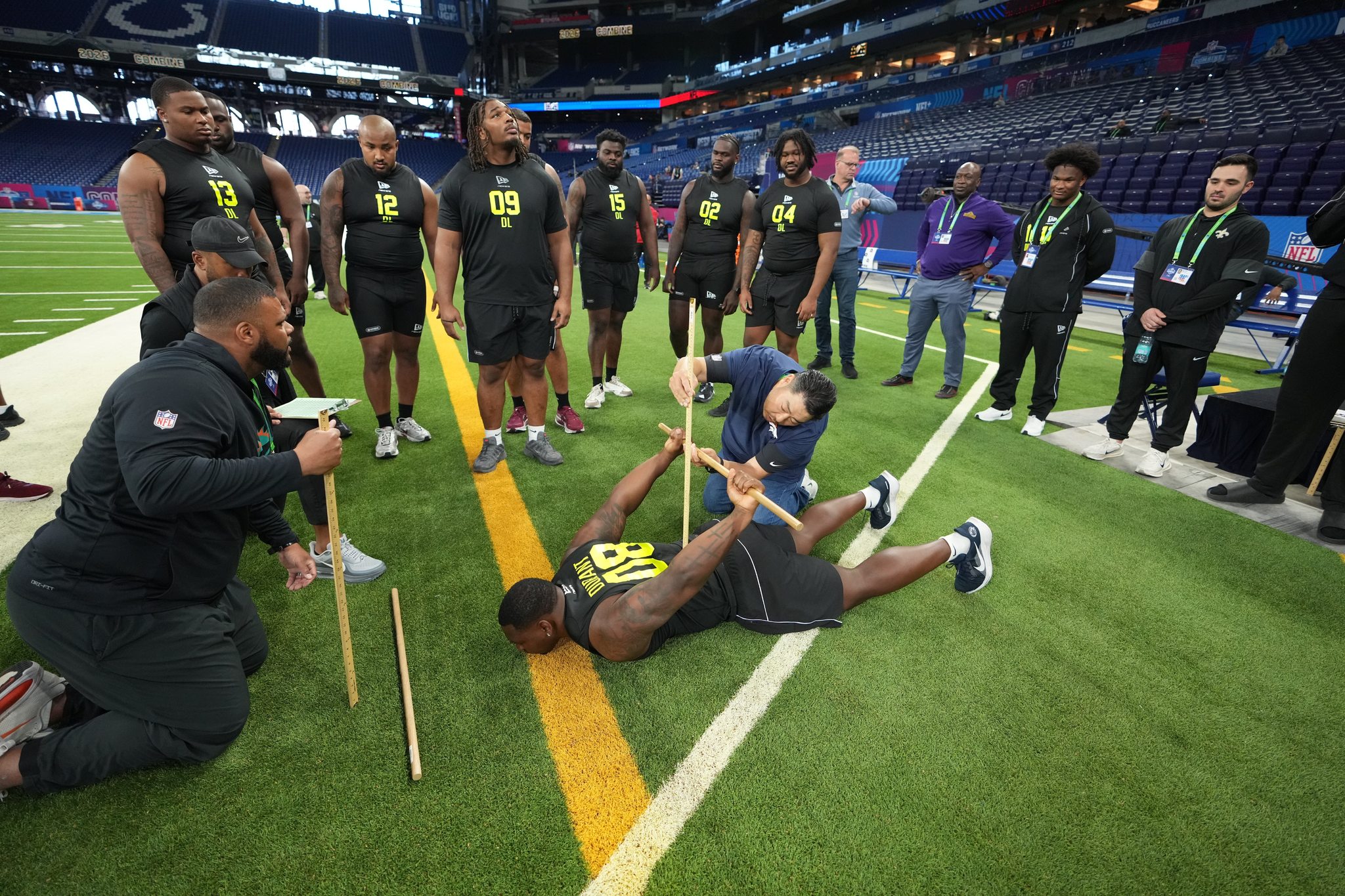Penn State defensive lineman Zane Durant (08) runs a drill at the NFL football scouting combine in Indianapolis, Thursday, Feb. 26, 2026.