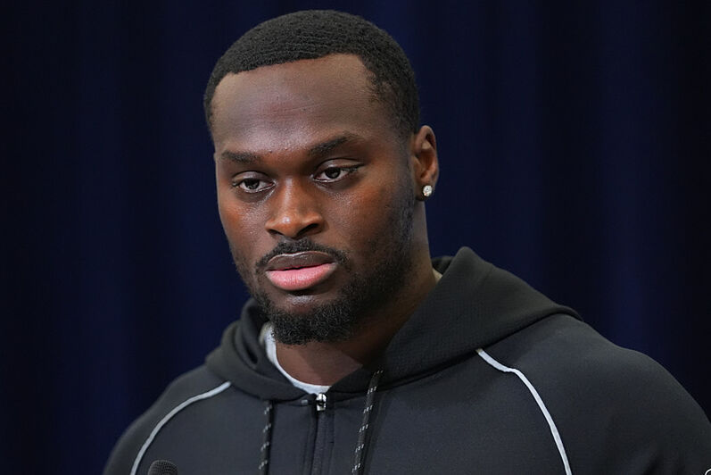 Notre Dame running back Jeremiyah Love speaks to the media at the NFL Scouting Combine.