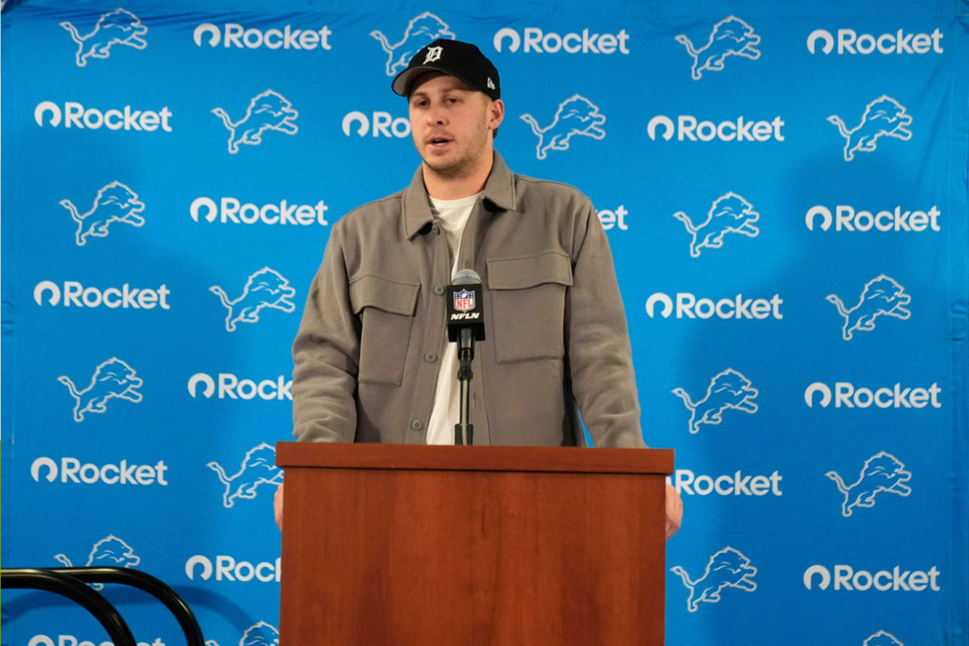 Detroit Lions quarterback Jared Goff speaks during a news conference after an NFL football game