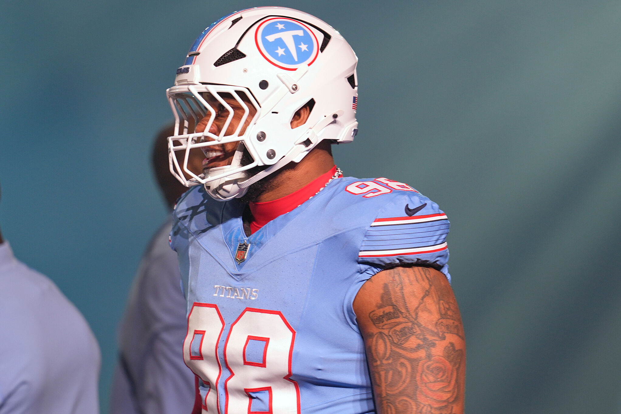 Tennessee Titans All-Pro Jeffery Simmons dons the Tennessee Titans' new logo and uniform.