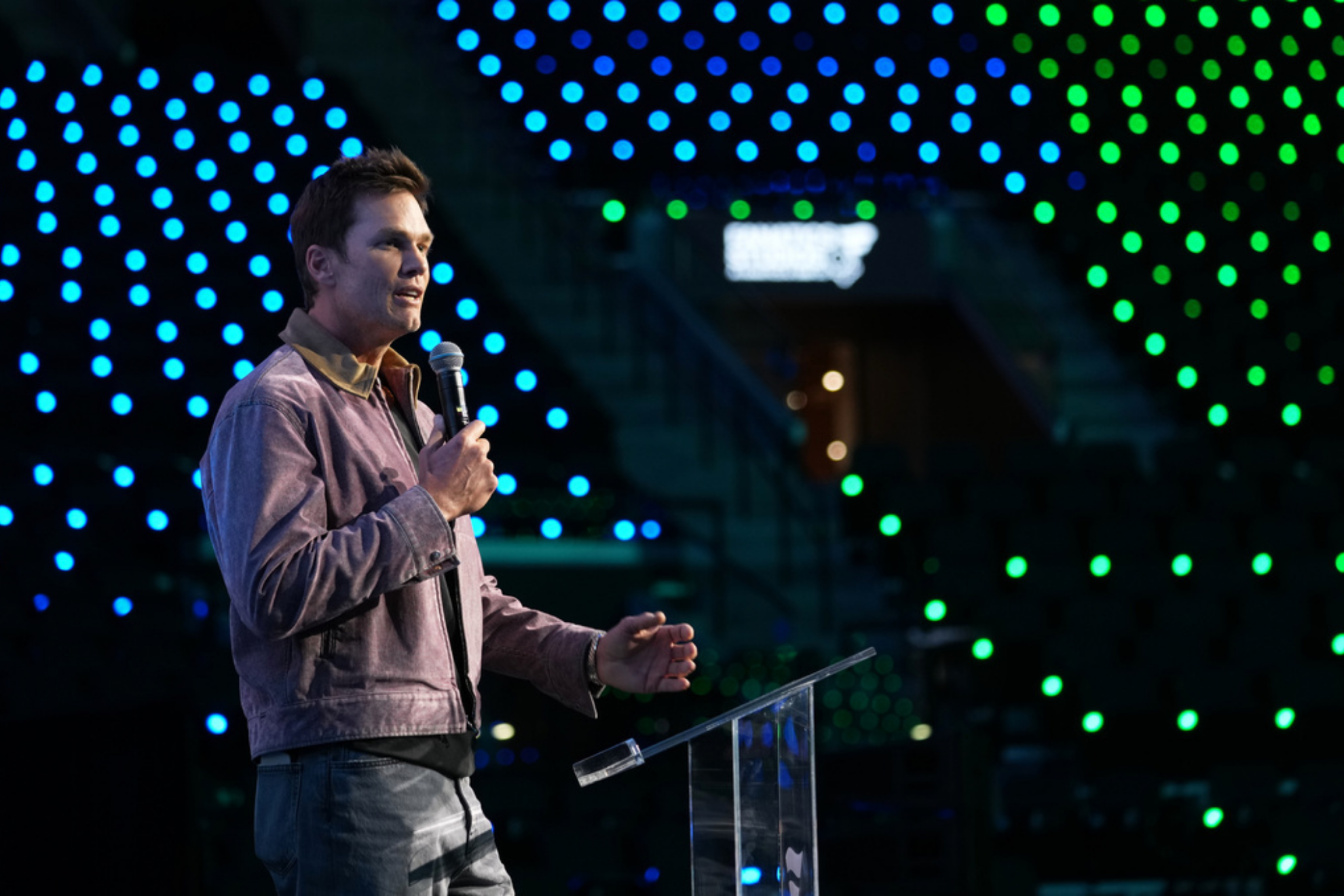 Tom Brady addresses the audience at the launch party for Fanatics Studio
