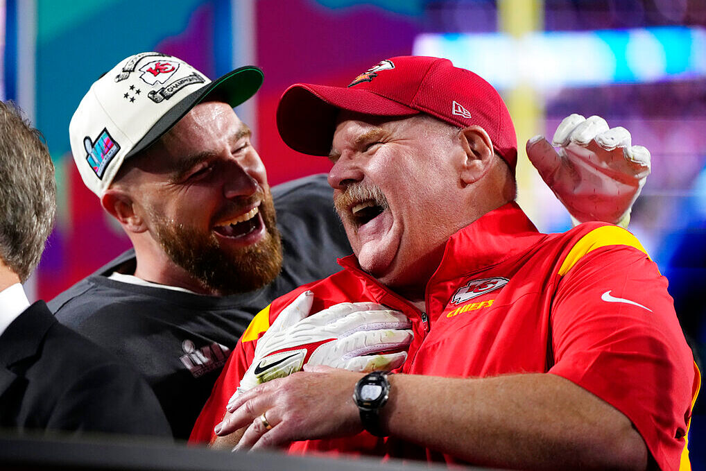 Kansas City Chiefs head coach Andy Reid (right) needs to find a long-term replacement at tight end for Travis Kelce (left).