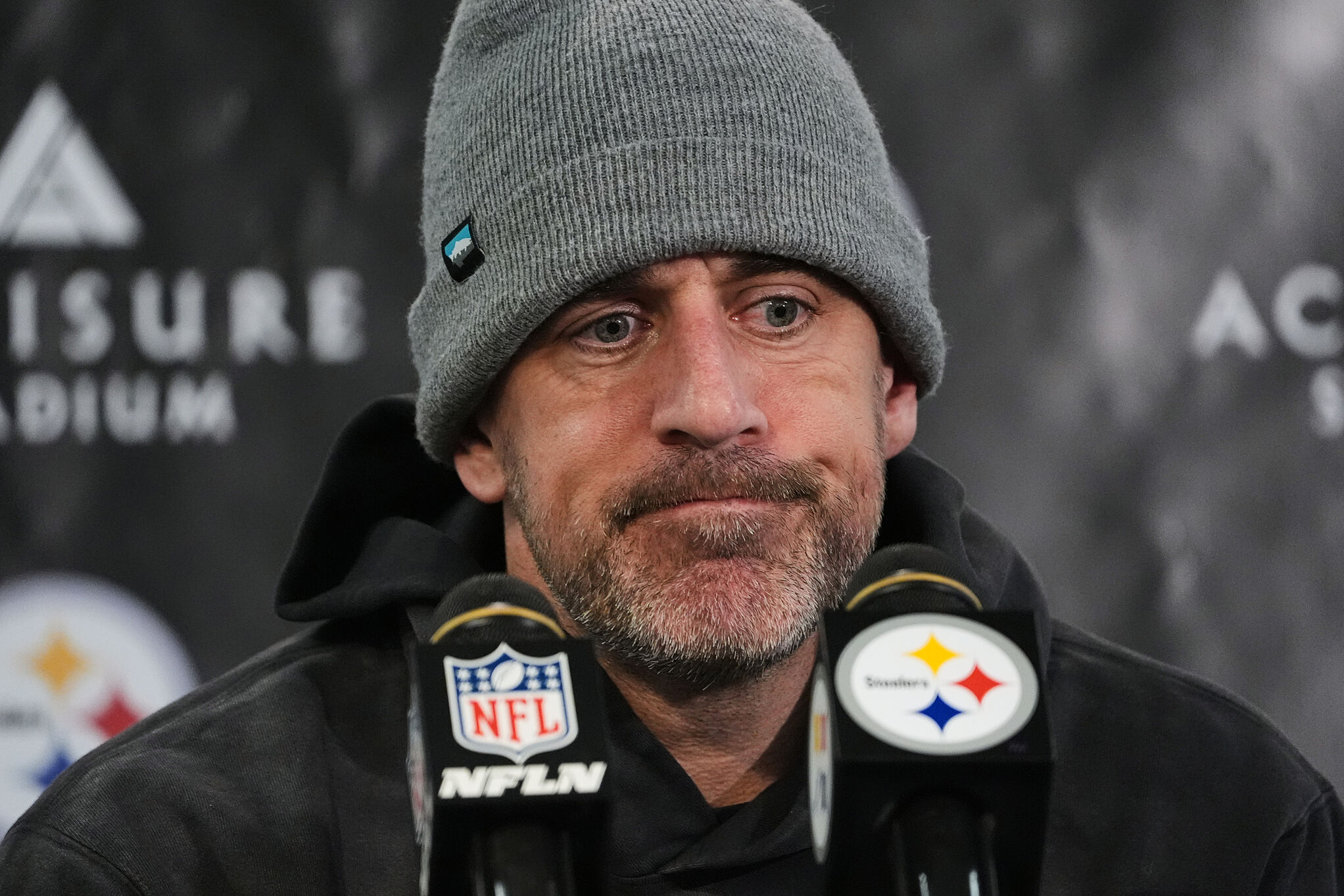 Pittsburgh Steelers quarterback Aaron Rodgers speaks during a press conference after an NFL wild-card playoff football game against the Houston Texans