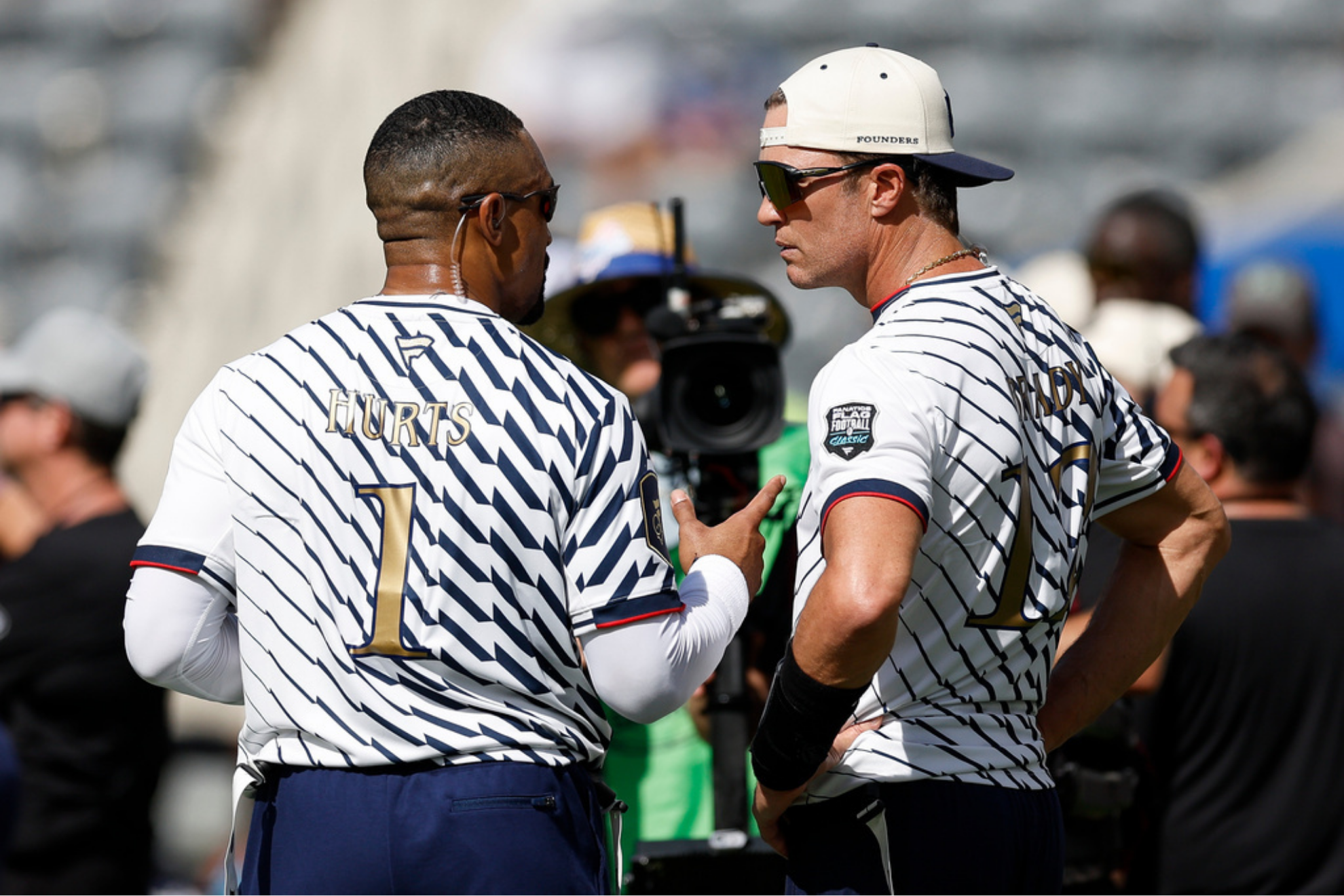 Founders FFC's Jalen Hurts and Founders FFC's Tom Brady