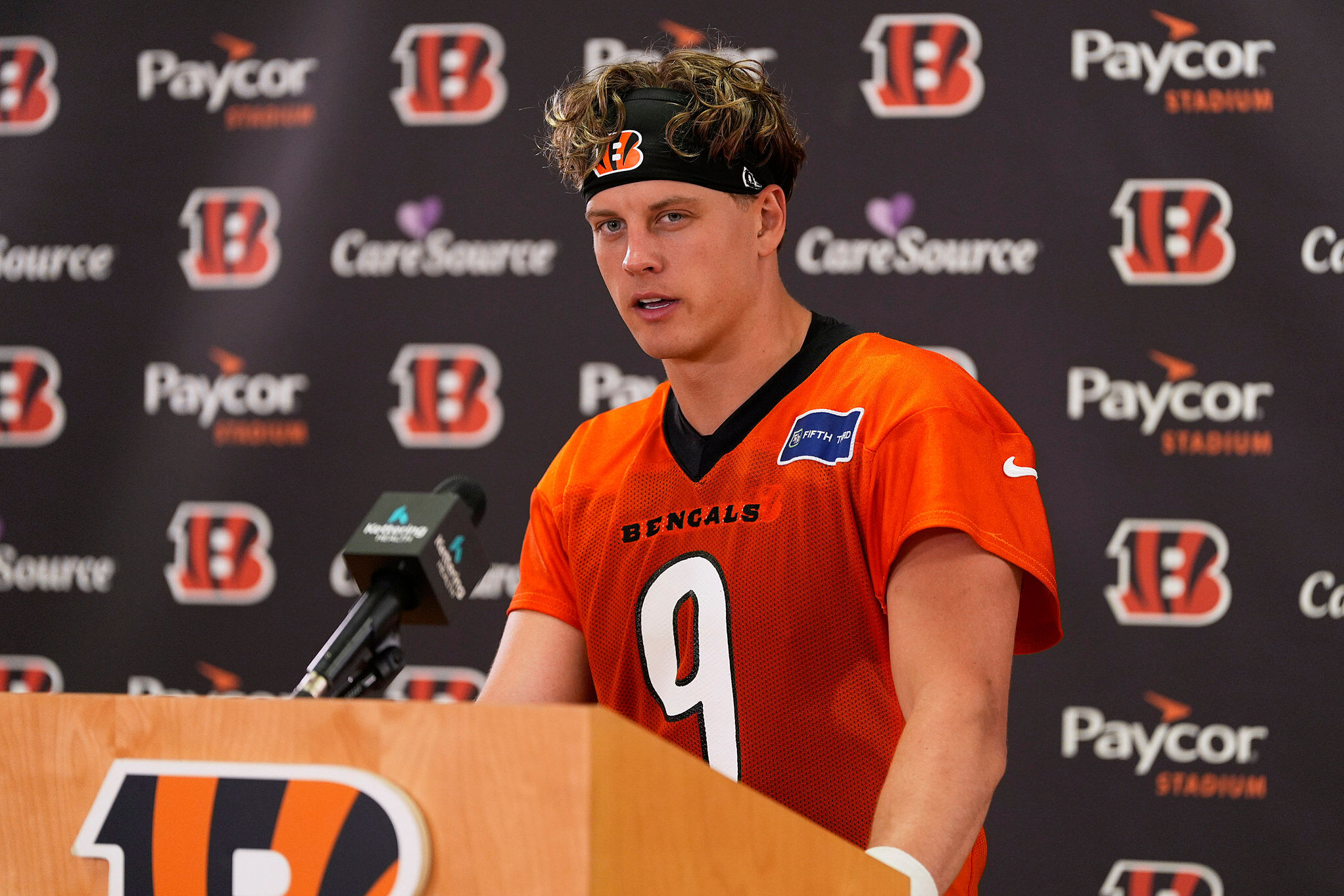 Cincinnati Bengals quarterback Joe Burrow speaks during a news conference after NFL football practice