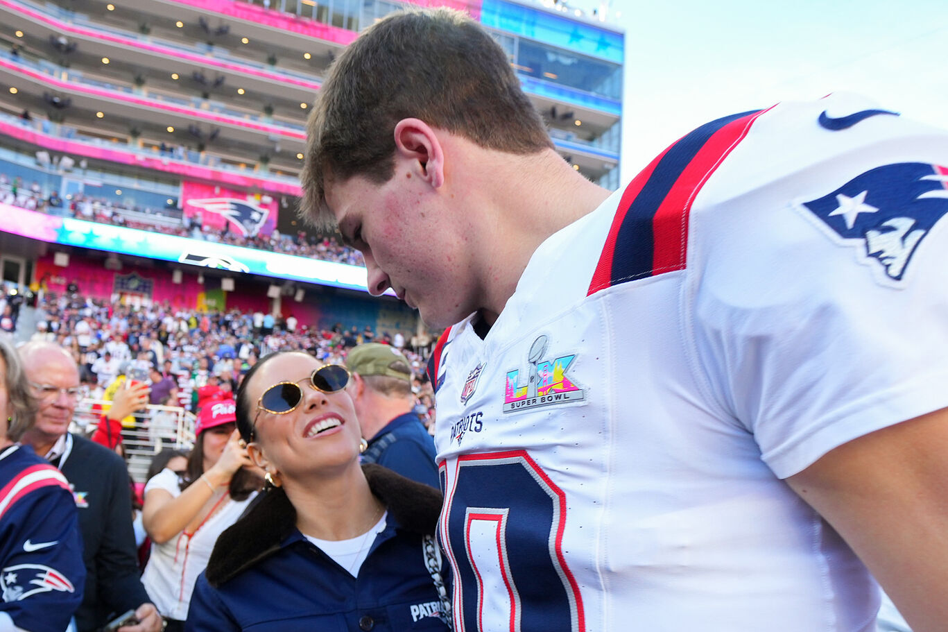 Drake Maye and wife Ann Michael Maye share a special moment together before Super Bowl LX.