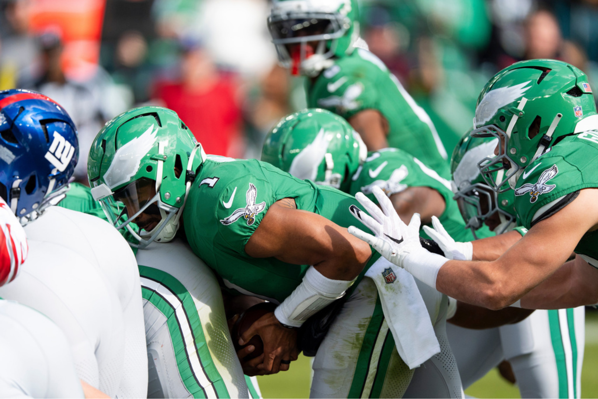 Philadelphia Eagles quarterback Jalen Hurts runs the "tush push" play