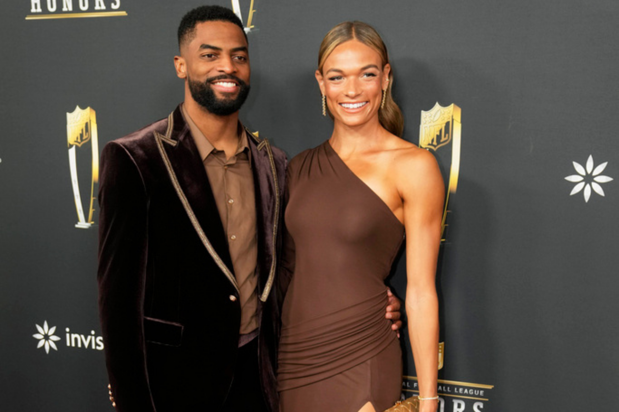 New York Giants' Darius Slayton and Olympic athlete Anna Hall pose on the red carpet at the NFL Honors award