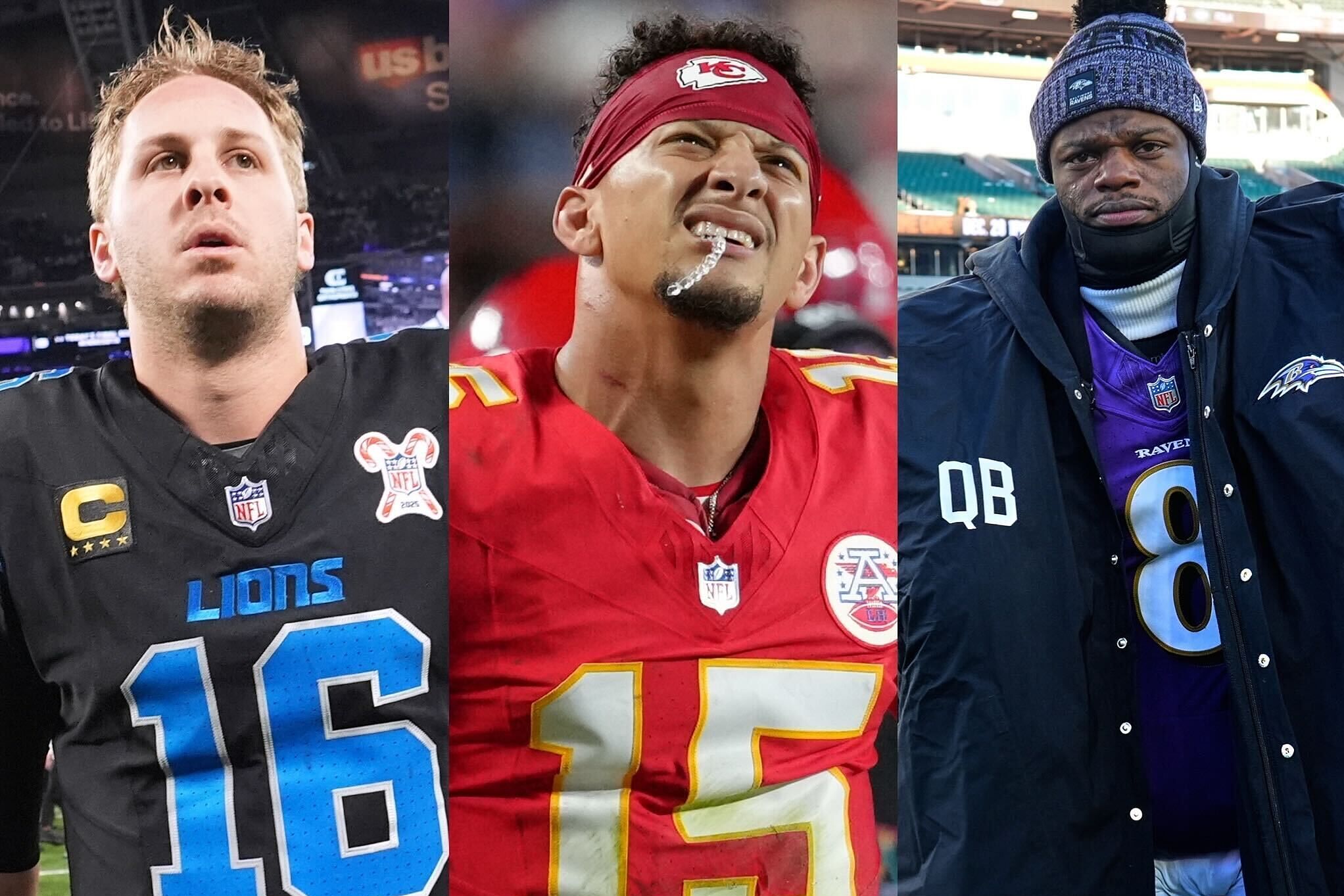 From left to right: Lions quarterback Jared Goff, Chiefs quarterback Patrick Mahomes, and Ravens quarterback Lamar Jackson