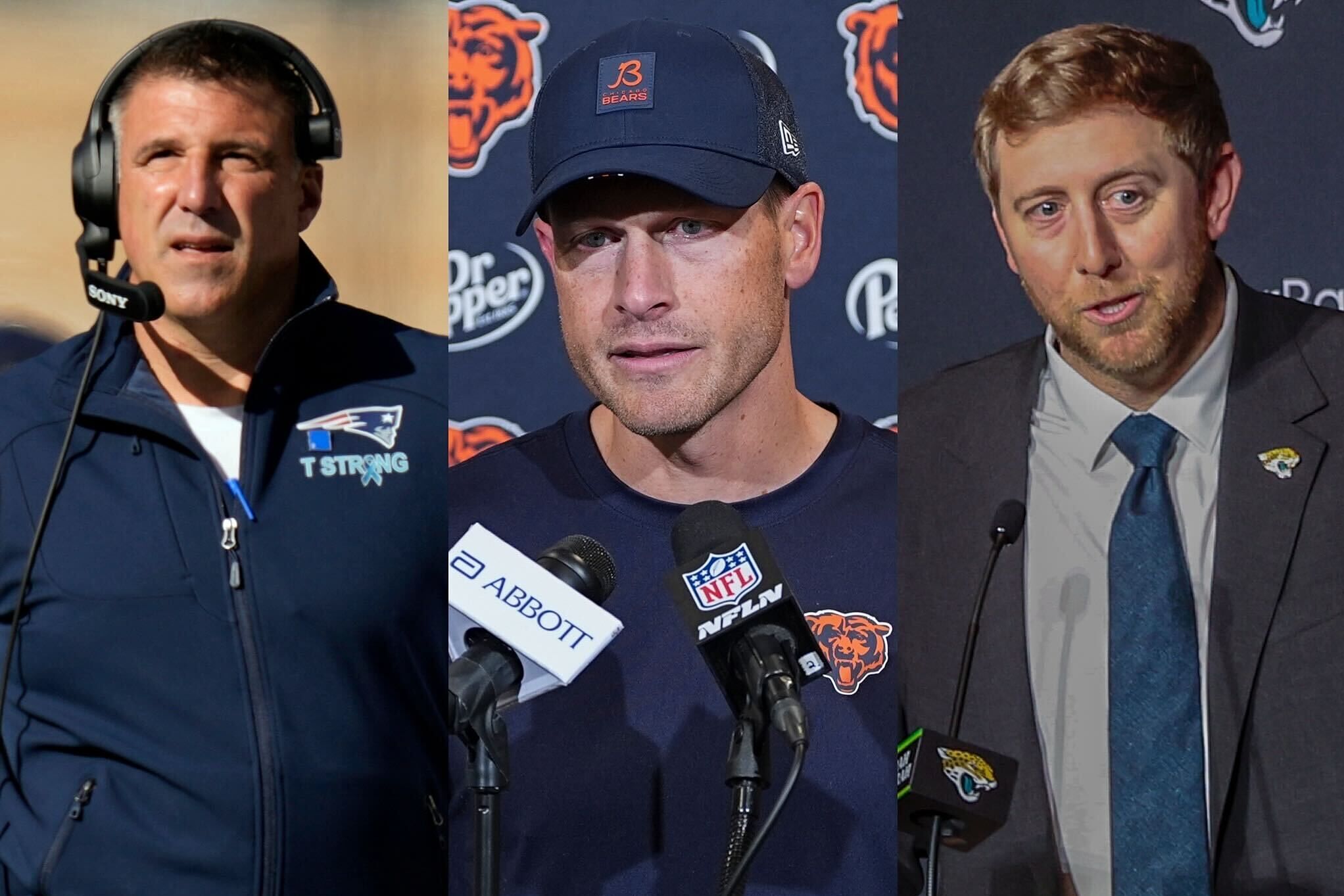 From left to right: Patriots head coach Mike Vrabel, Bears head coach Ben Johnson, and Jaguars head coach Liam Coen