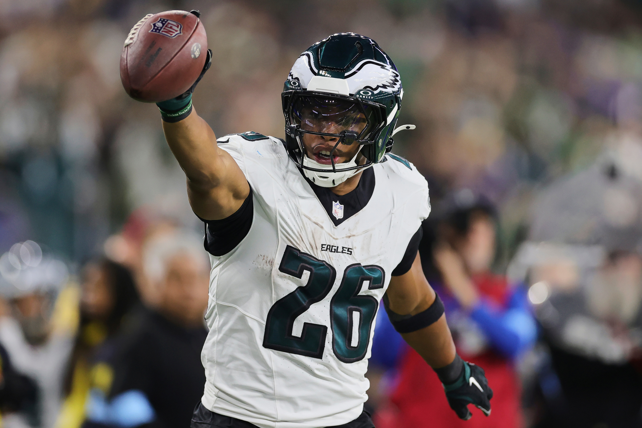 Philadelphia Eagles running back Saquon Barkley (26) reacts after a run against the Los Angeles Rams