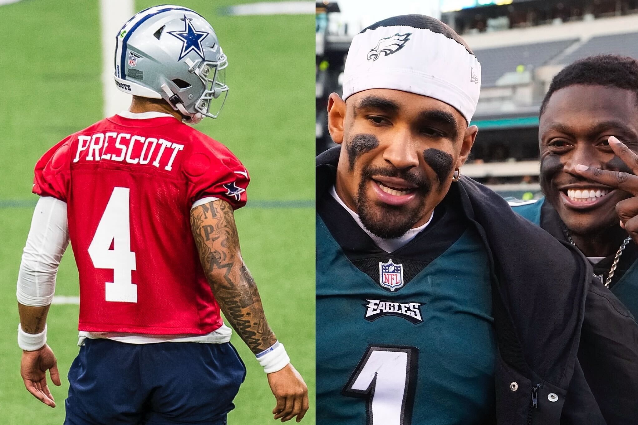 Cowboys' quarterback  Dak Prescott (left) during NFL minicamp, and Philadelphia Eagles' Jalen Hurts, left, and Eagles' A.J. Brown pose after an NFL football game