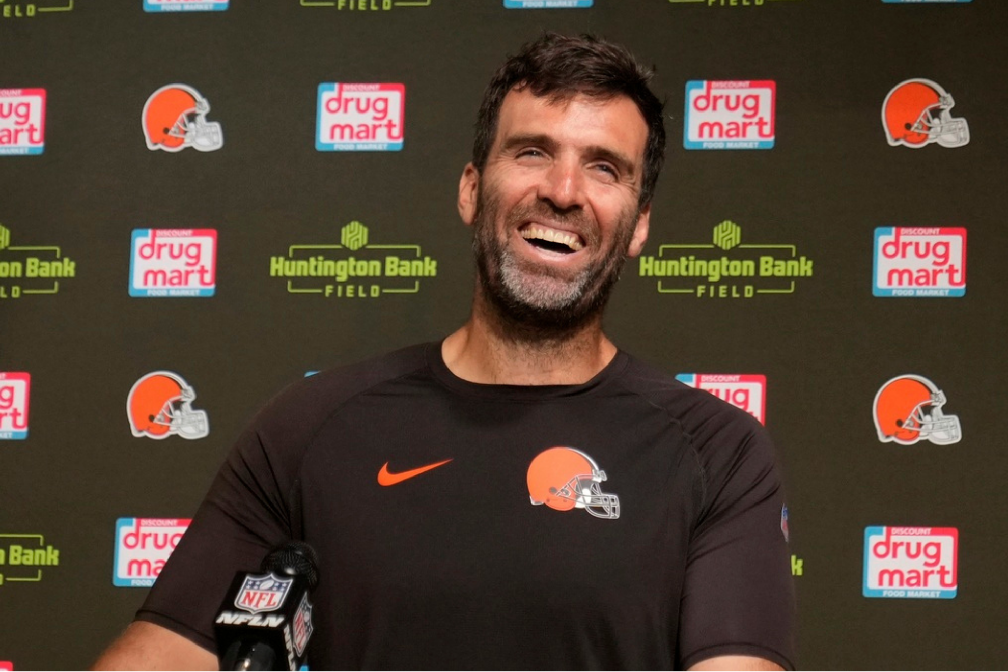 Former Cleveland Browns' Joe Flacco smiles