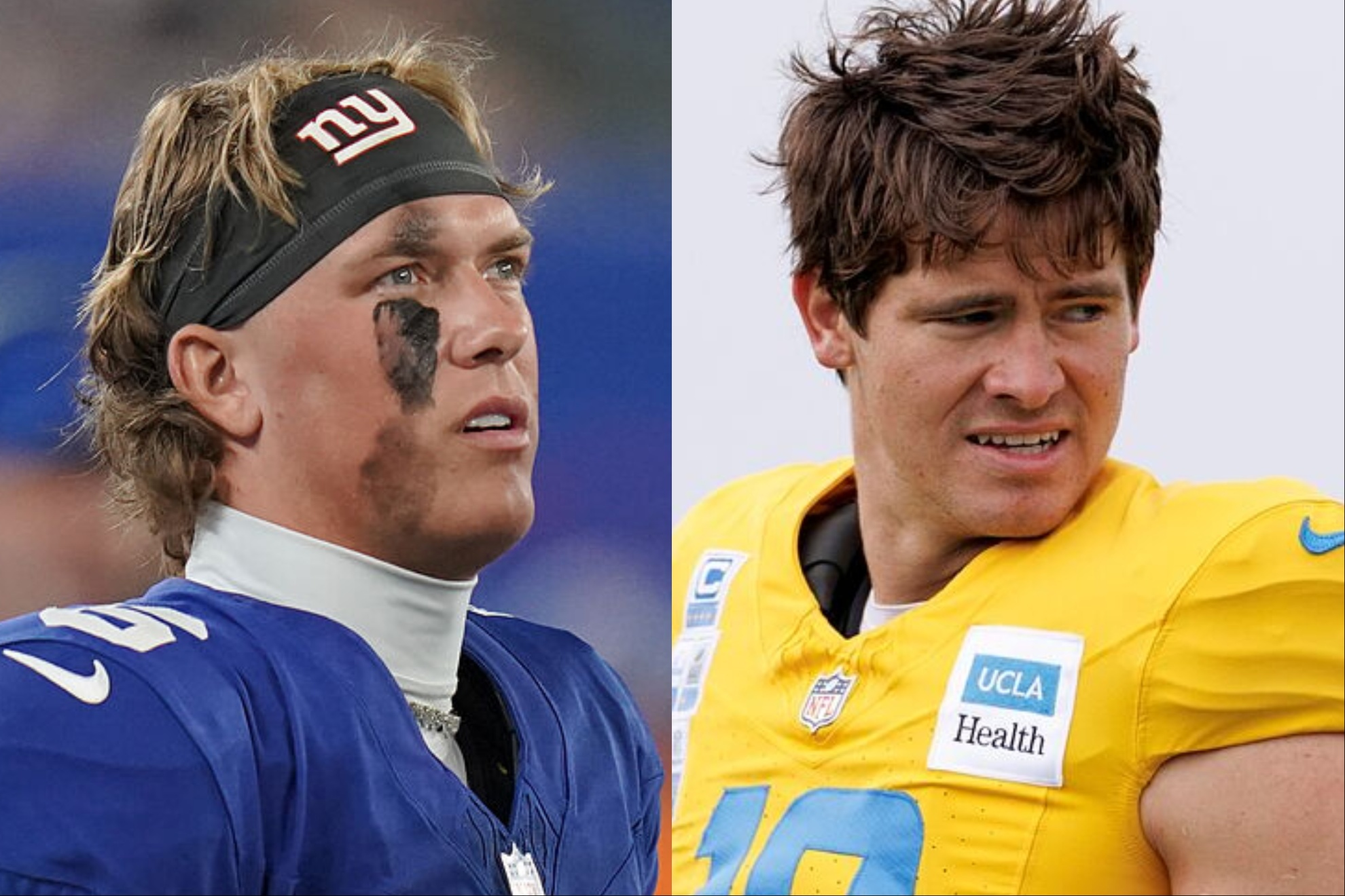 New York Giants quarterback Jaxson Dart and Justin Herbert of the Los Angeles Chargers