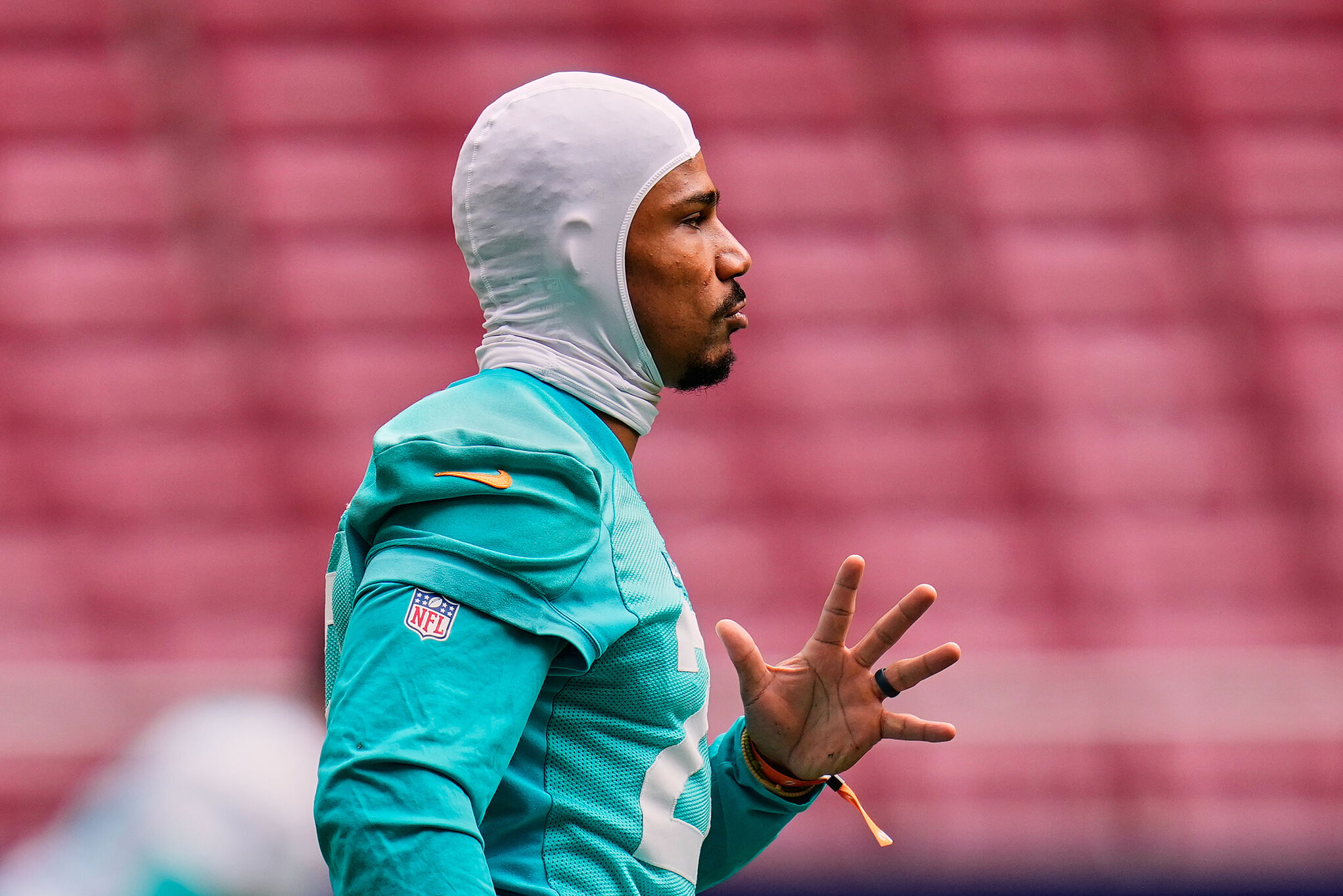 Miami Dolphins Jack Jones (23) attends a training session in Madrid