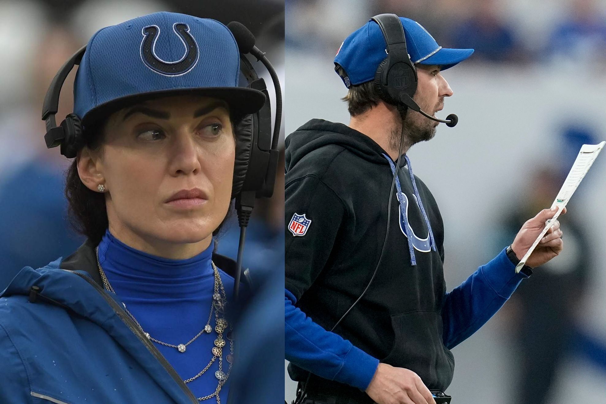 Carlie Irsay-Gordon steals the spotlight as the Colts owner, standing just inches behind the coach on the sideline during the Chiefs game